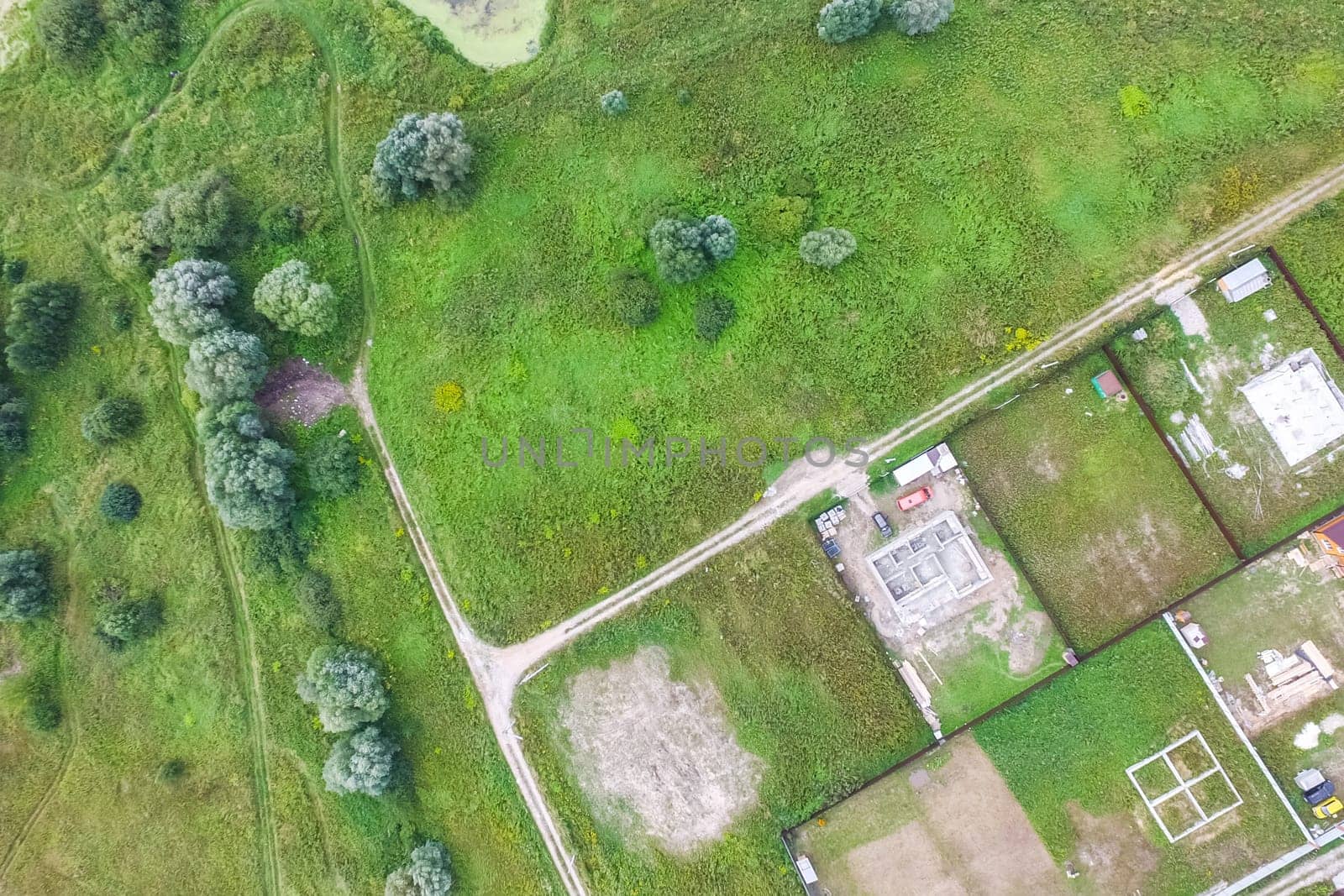 Top view of the village, fields and forests near the village