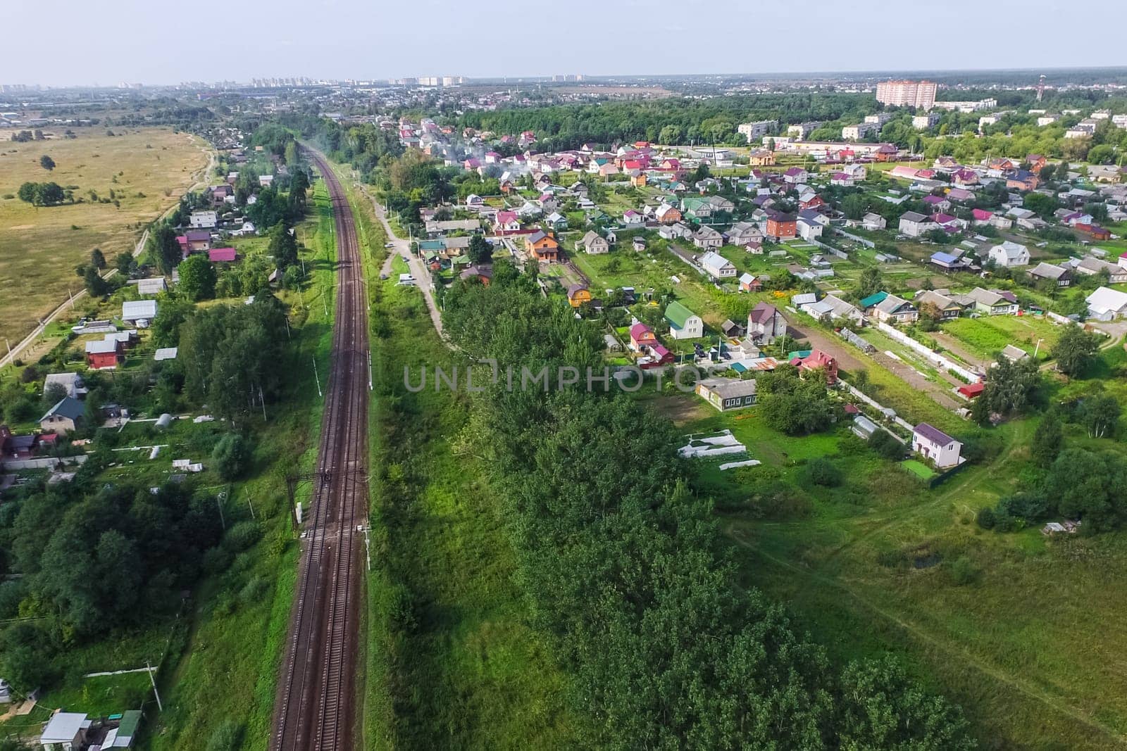 Top view of the village, fields and forests near the village