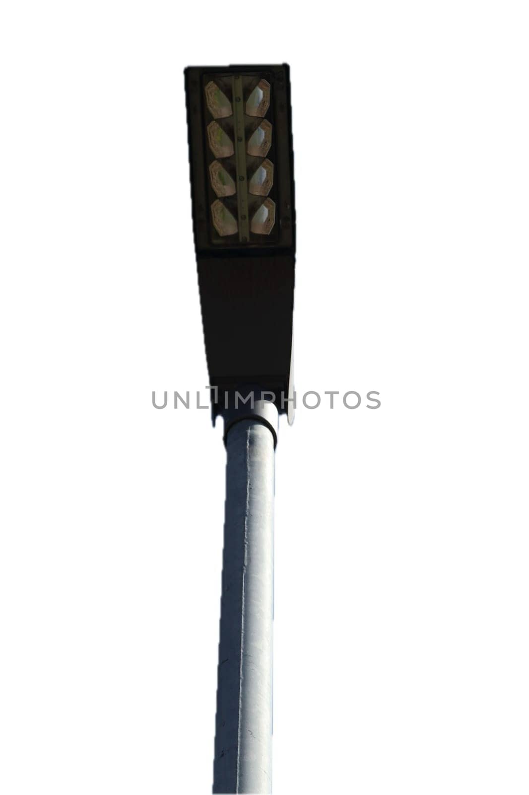A rectangular street lamp, blue sky in the background
