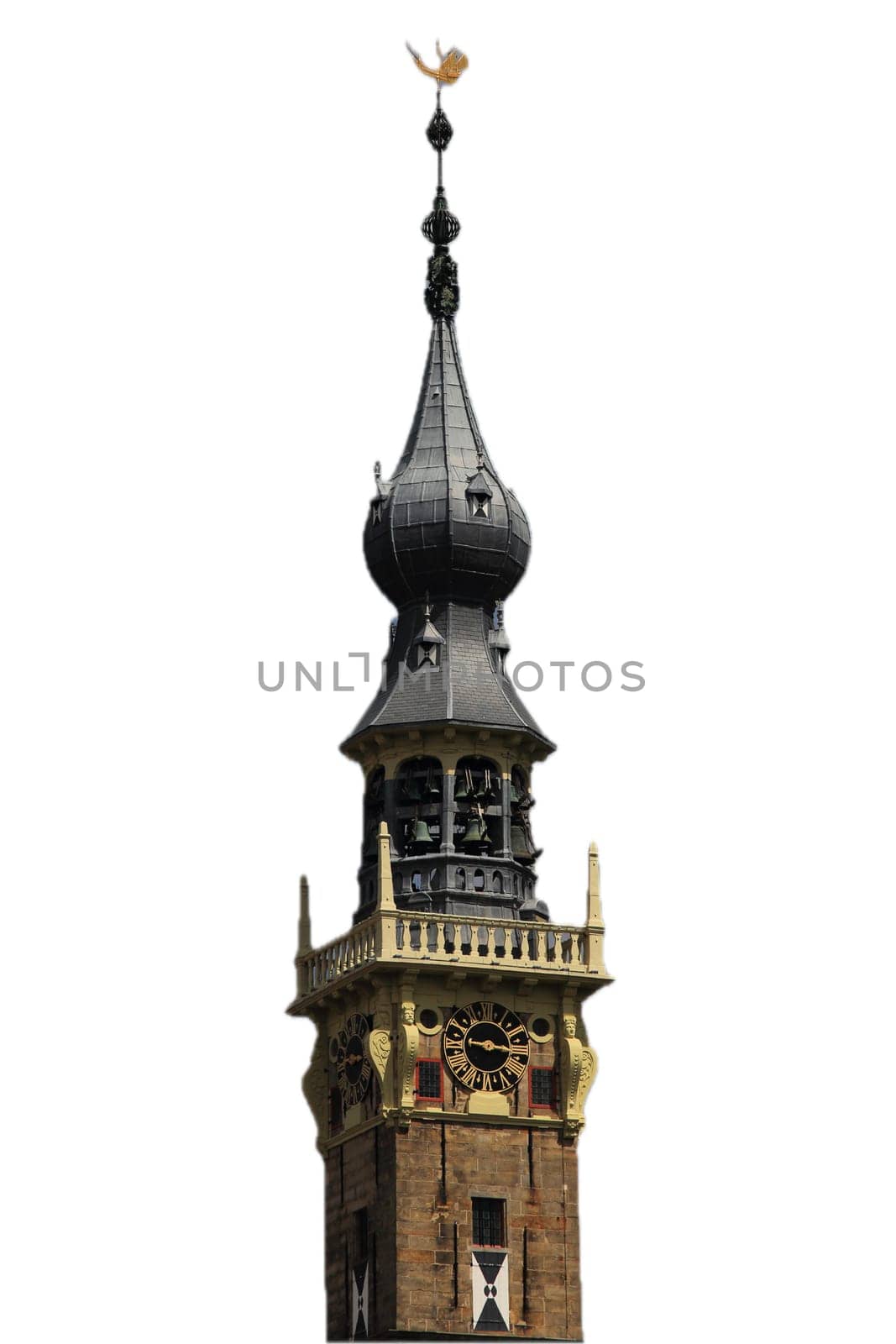 a beautiful steeple, with blue sky in the background
