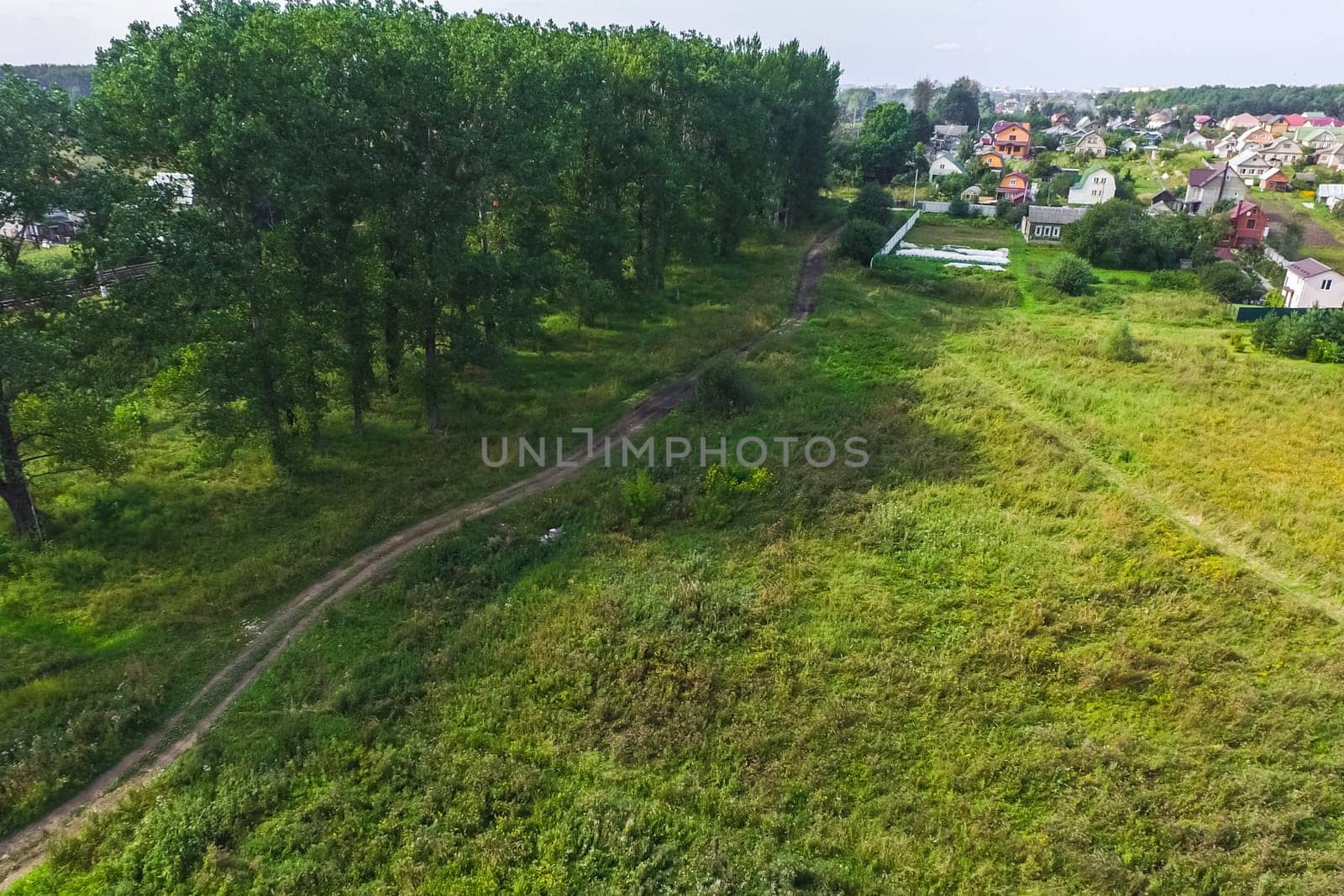 Top view of the village, fields and forests near the village