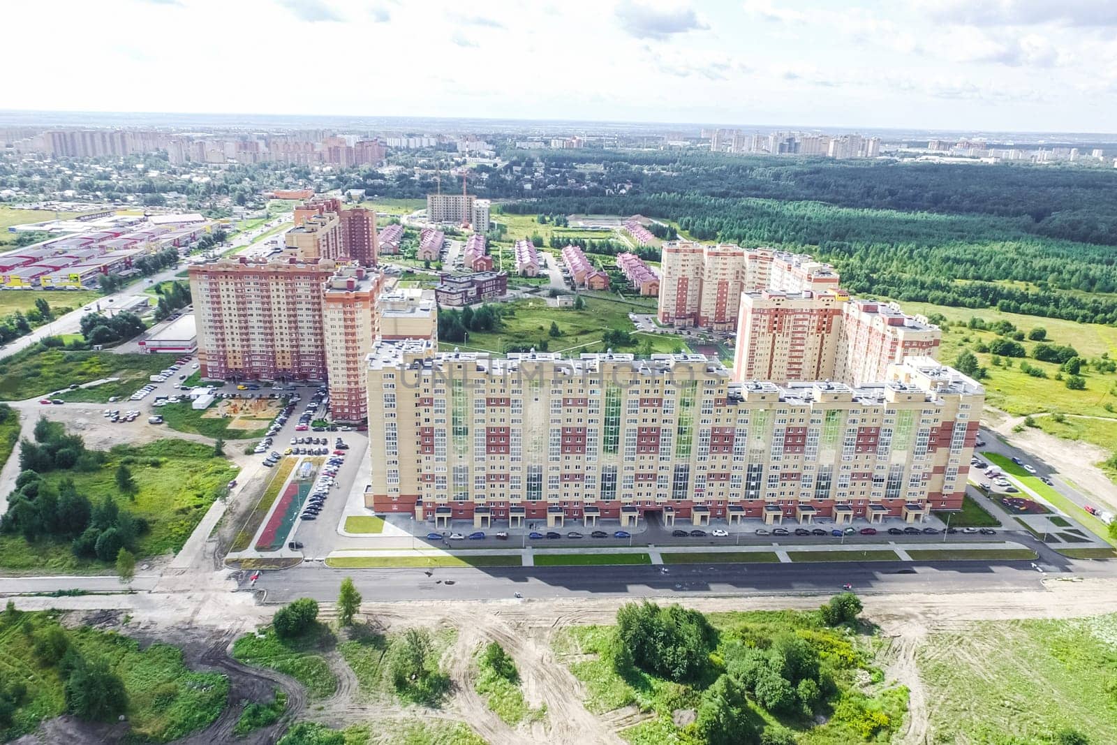 Top view of the city of Moscow, buildings and roads and other infrastructure of the city. Cityscape view from above.