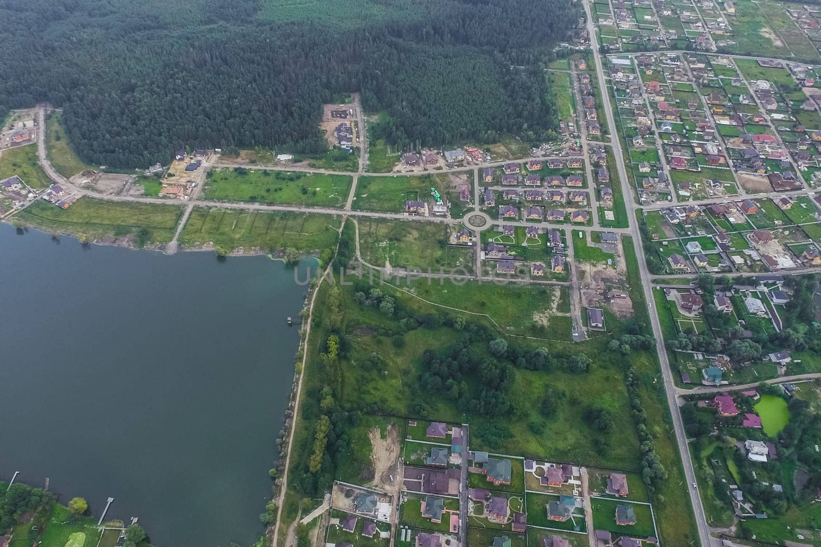 Top view of the village, fields and forests near the village
