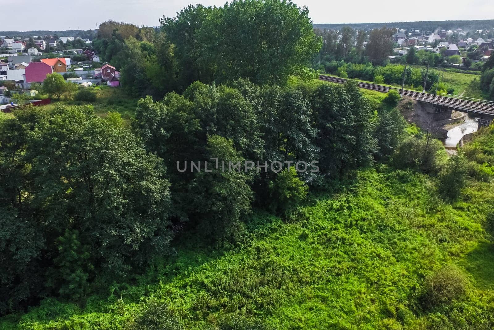 Top view of the village, fields and forests near the village