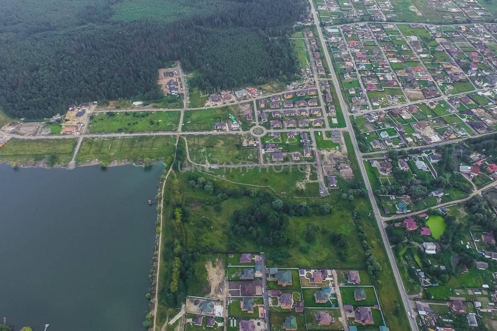 Top view of the village, fields and forests near the village