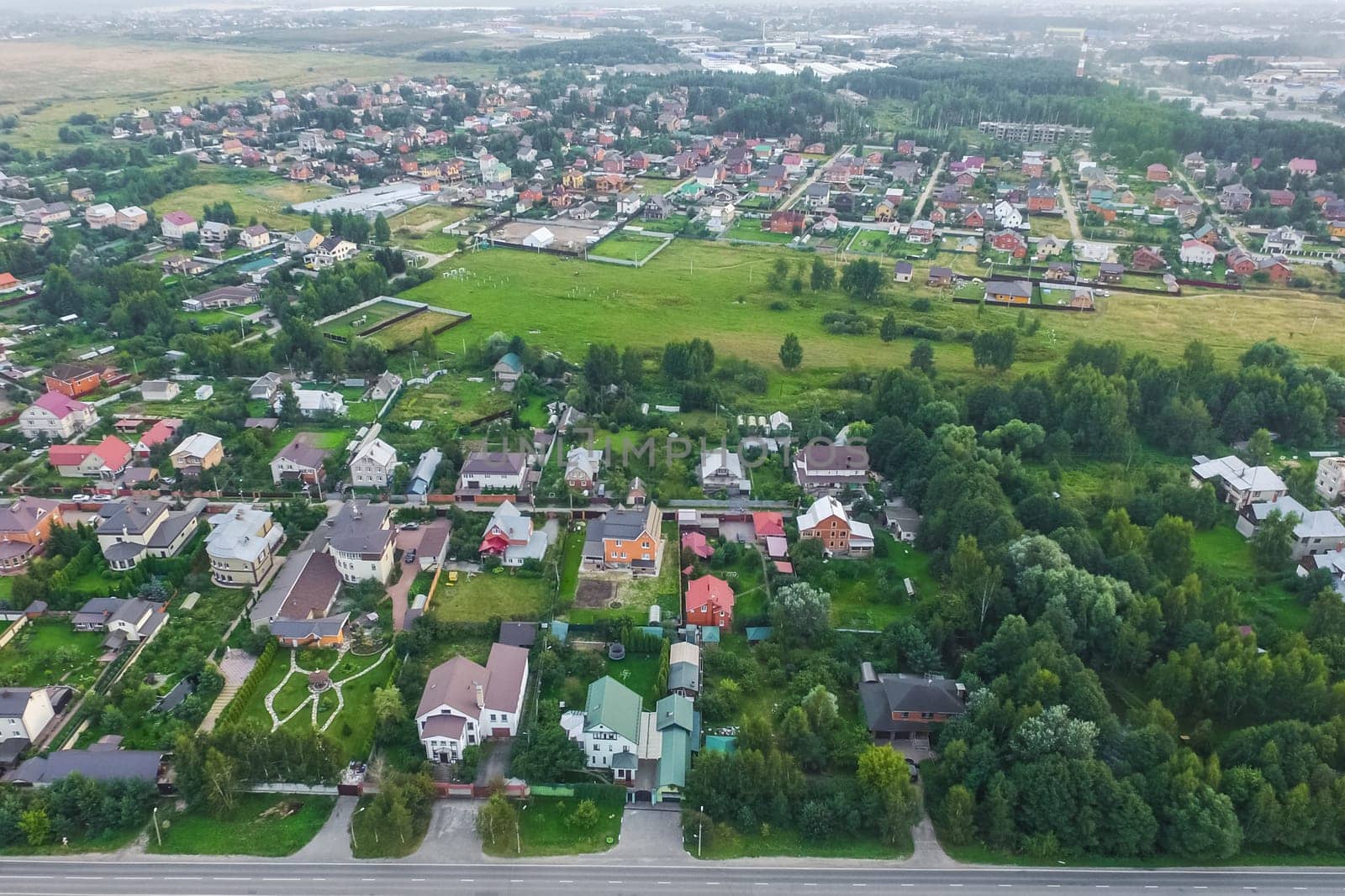 Top view of the village, fields and forests near the village