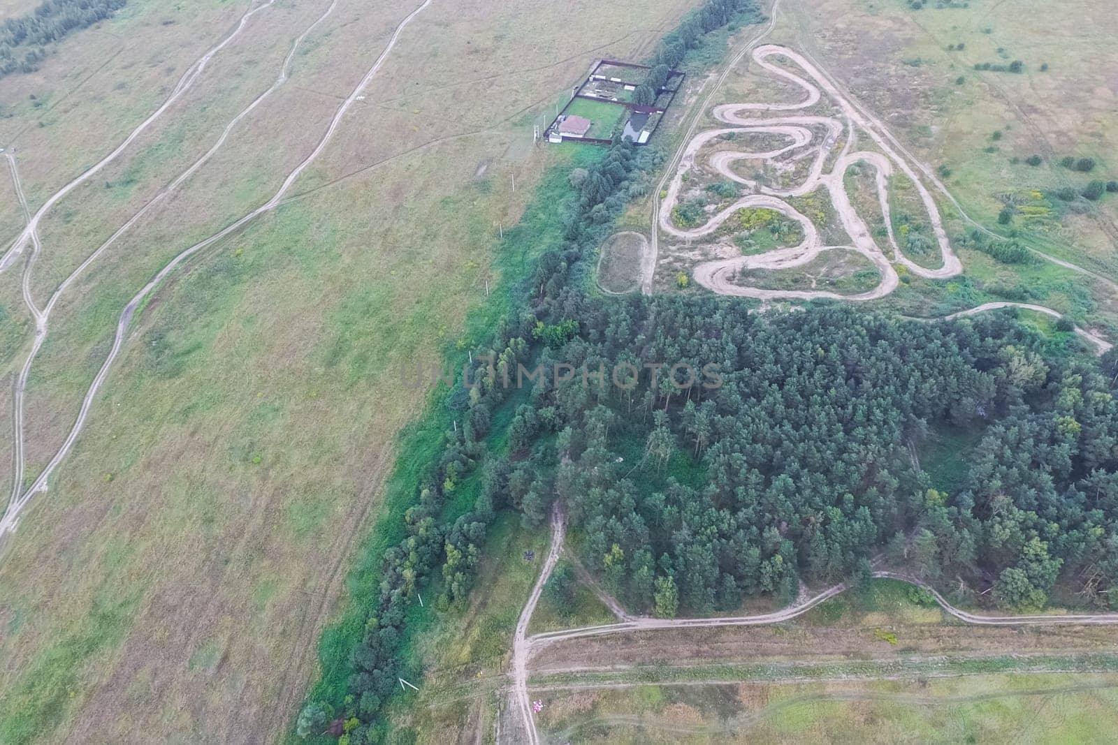 Top view of the village, fields and forests near the village