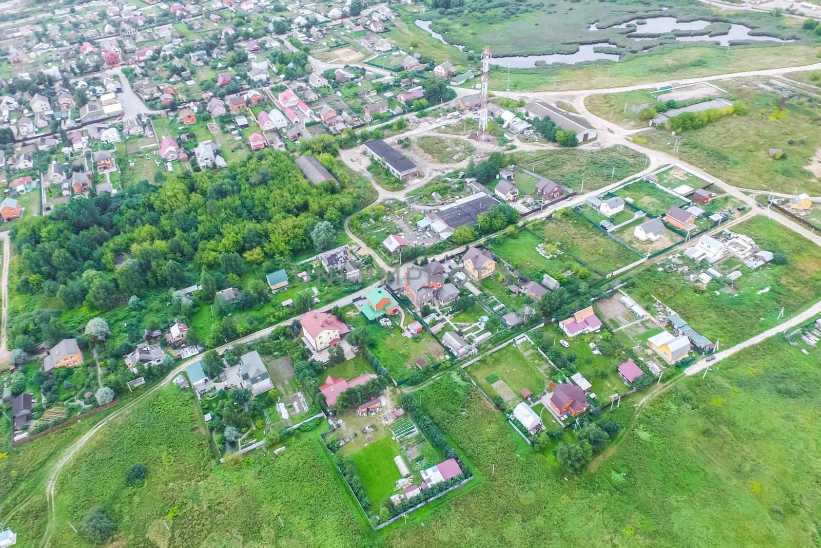 Top view of the village, fields and forests near the village