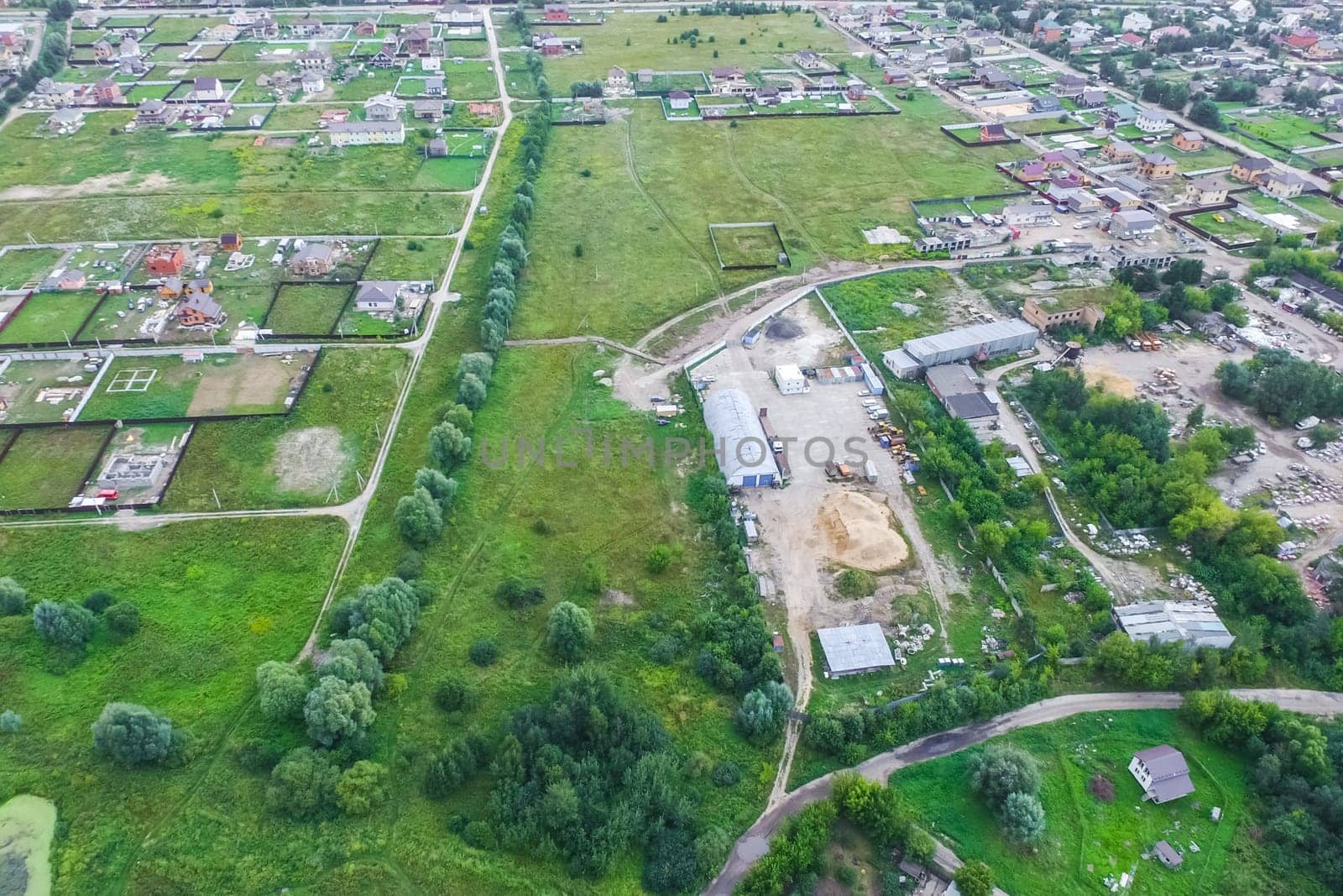 Top view of the village, fields and forests near the village