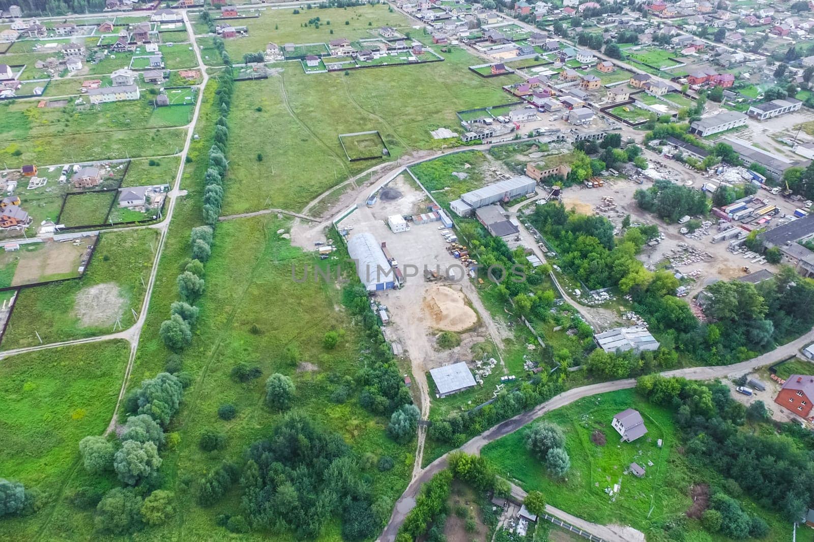 Top view of the village, fields and forests near the village