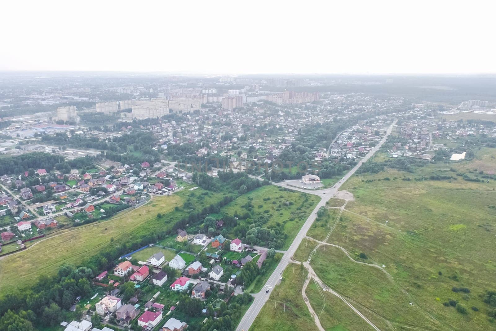 Top view of the village, fields and forests near the village