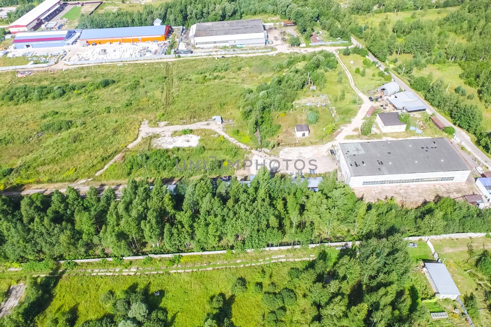 Top view of the village, fields and forests near the village