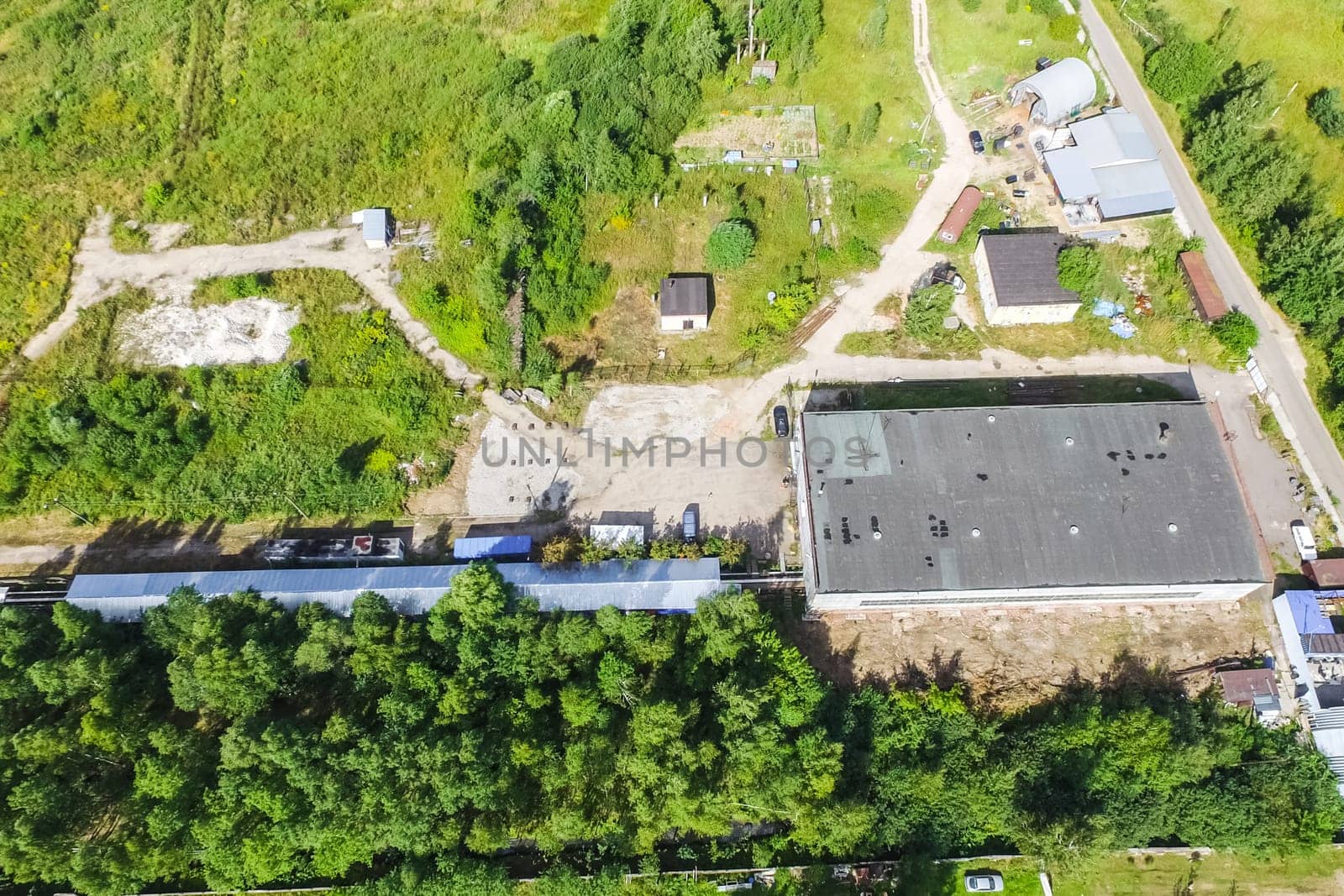 Top view of the village, fields and forests near the village