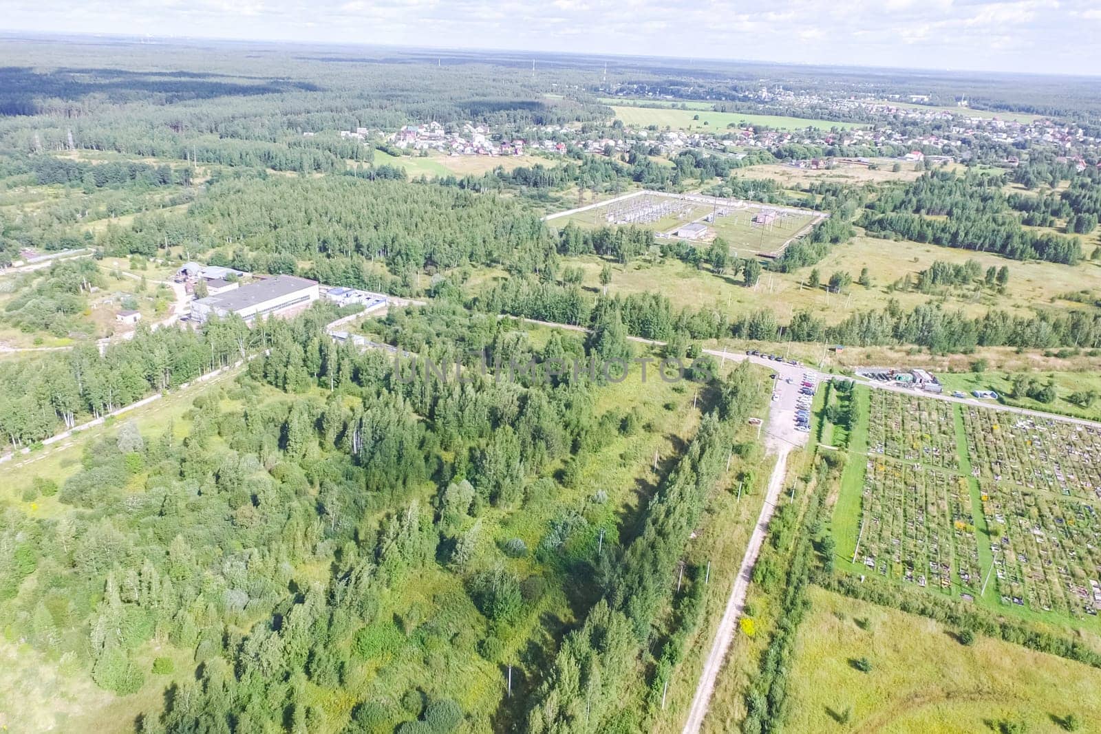 Top view of the village, fields and forests near the village