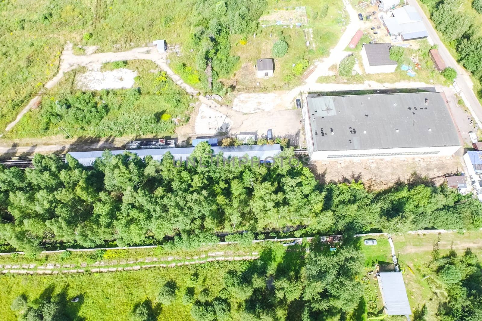 Top view of the village, fields and forests near the village