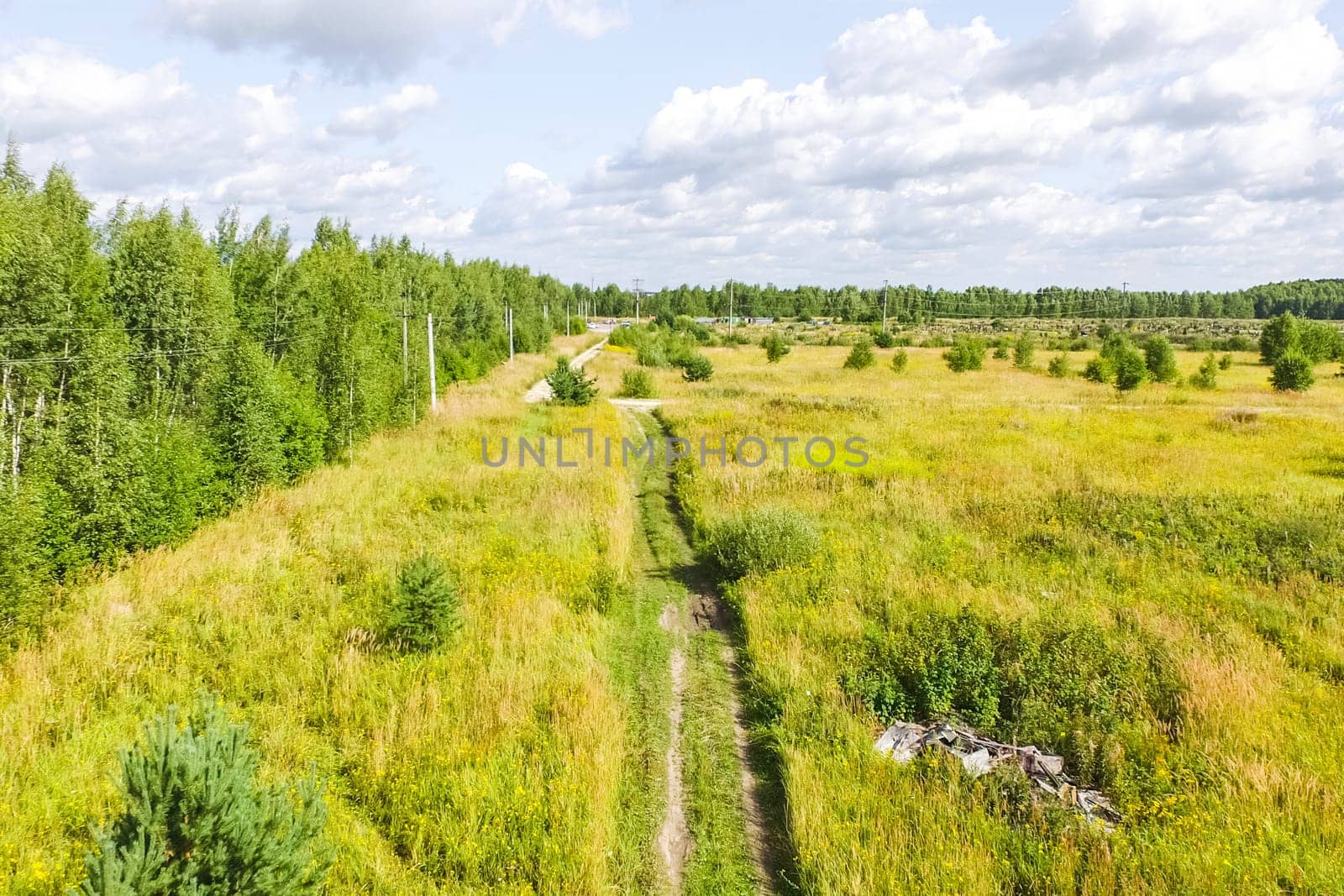 Top view of the village, fields and forests near the village