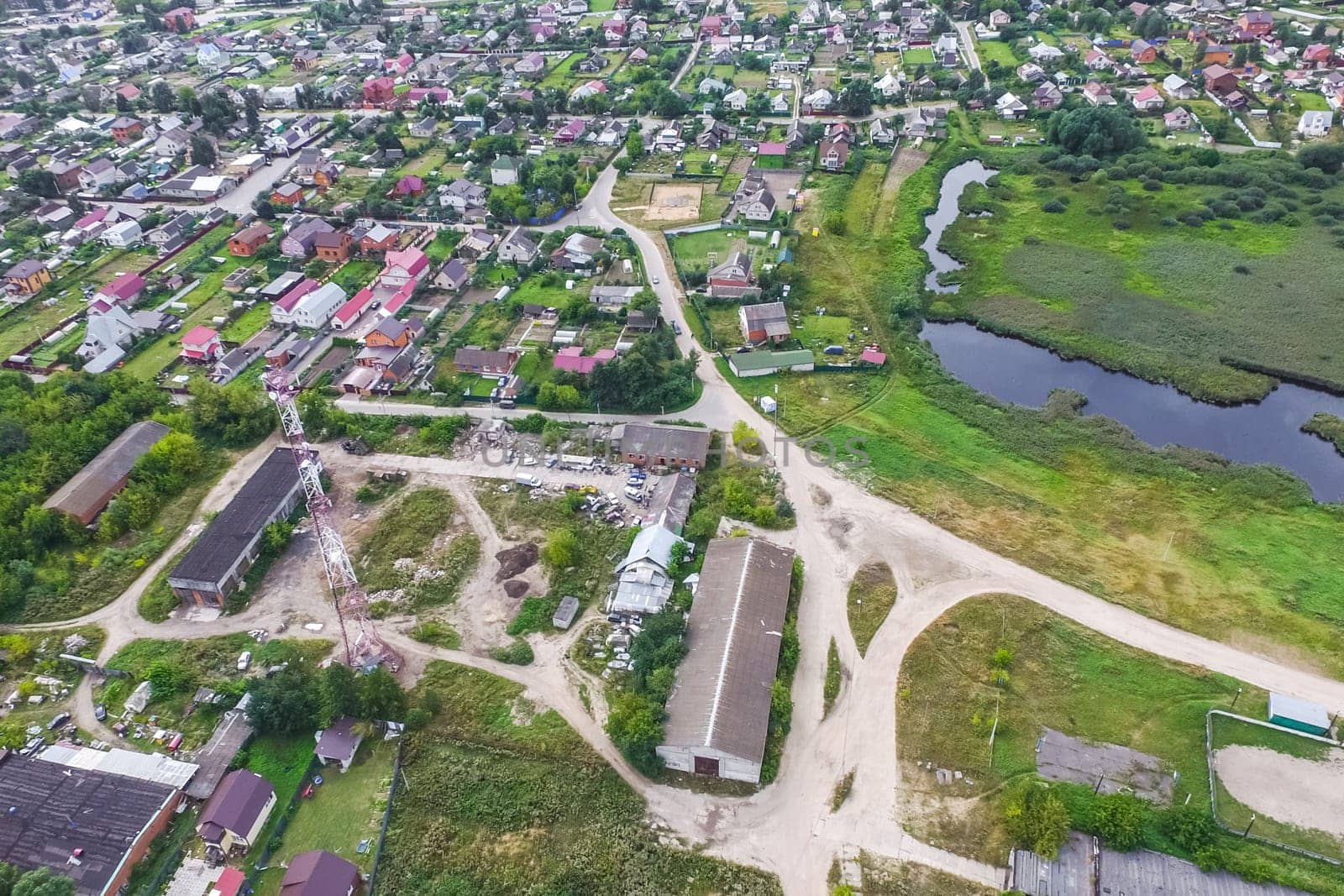Top view of the village, fields and forests near the village