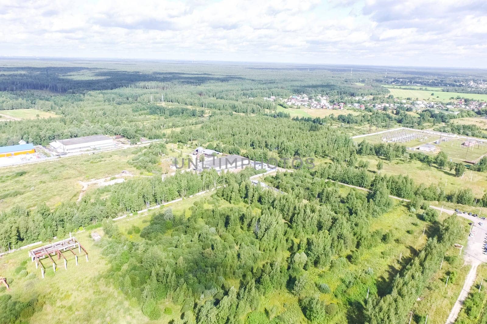 Top view of the village, fields and forests near the village