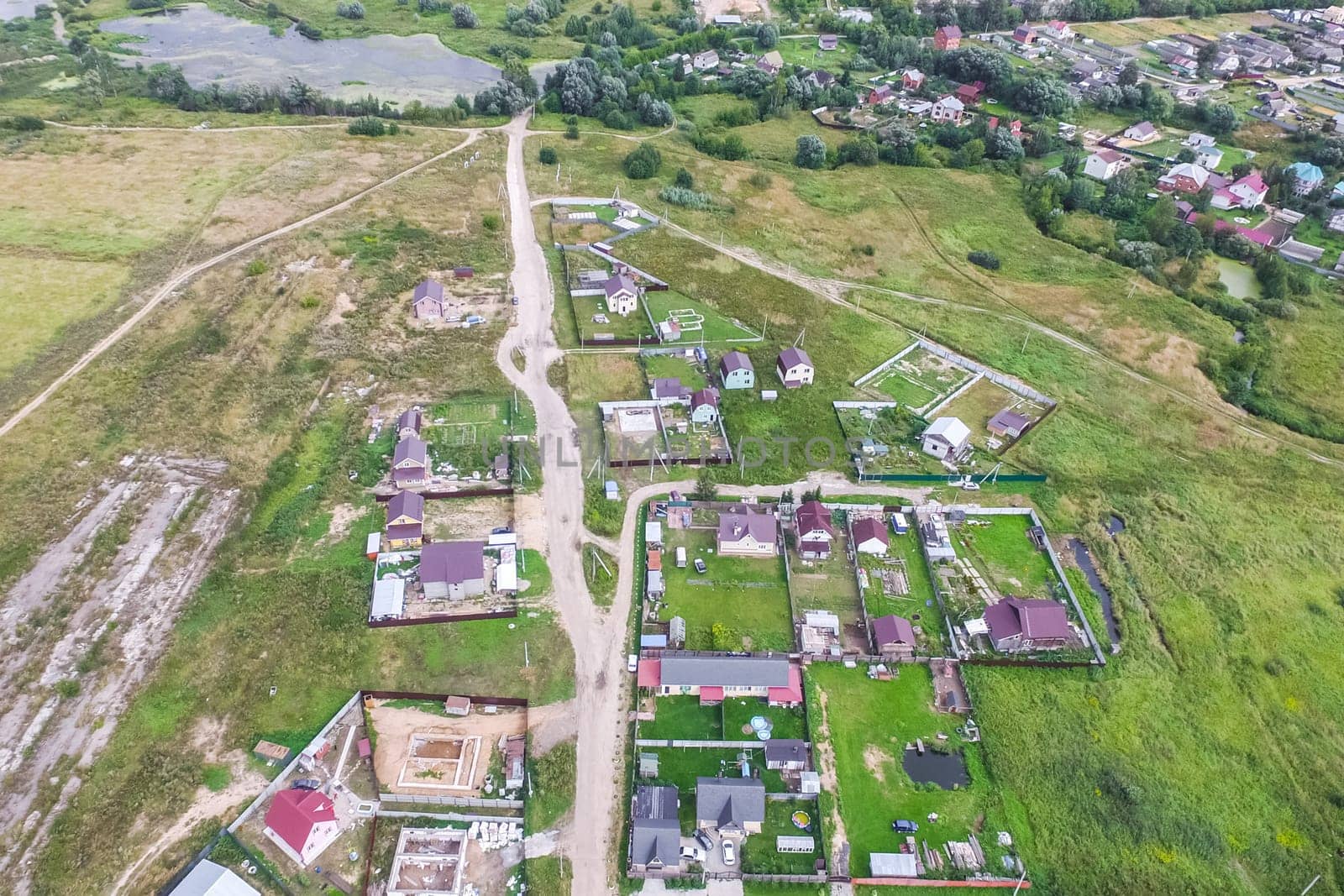 Top view of the village, fields and forests near the village