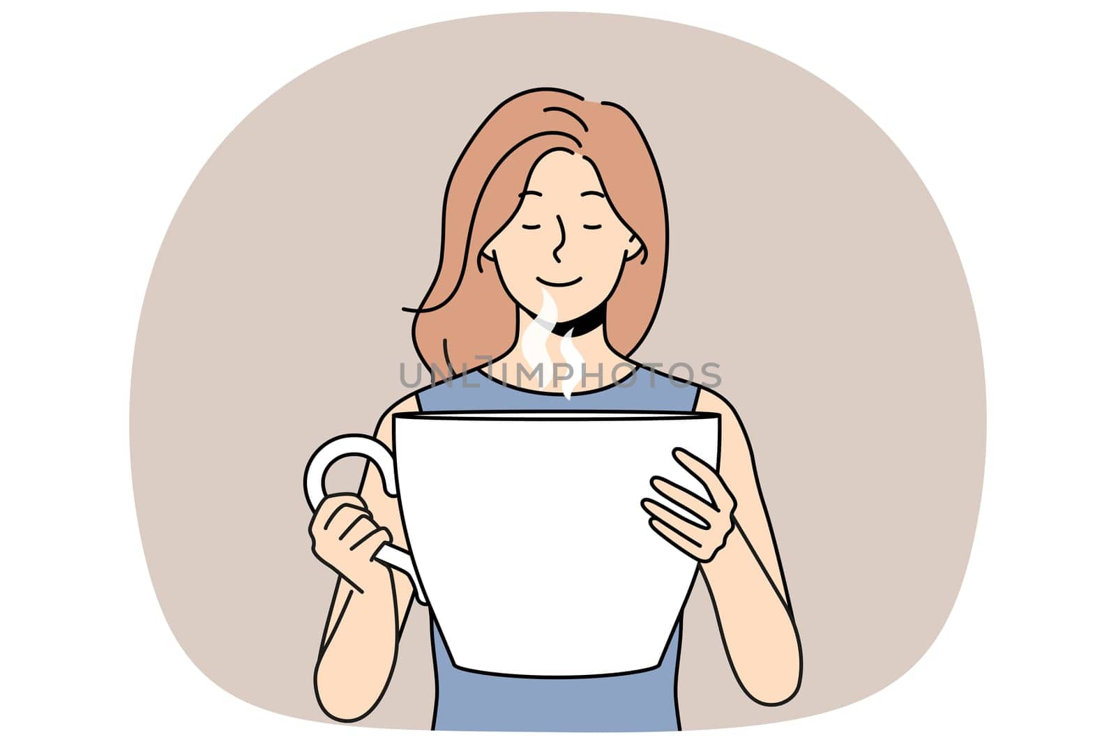 Woman inhales aroma of invigorating coffee and holds huge mug of drink for morning awakening. Girl with large portion of drink makes coffee break to gain strength for productive work.
