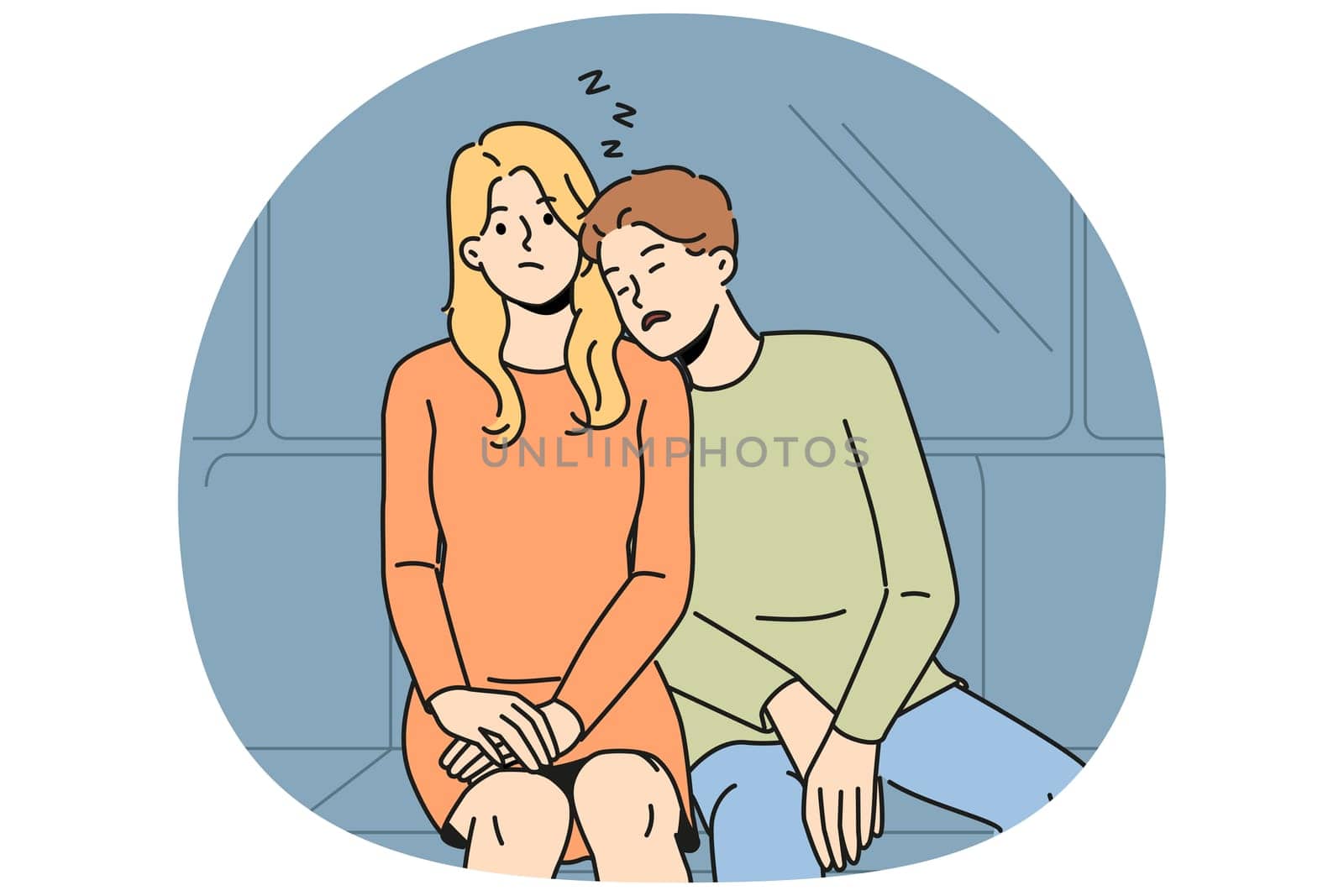 Subway passenger sleeps on shoulder of woman embarrassed by tactlessness of unfamiliar guy invading personal space. Man and girl, tired at work, ride in subway car or ground electric train