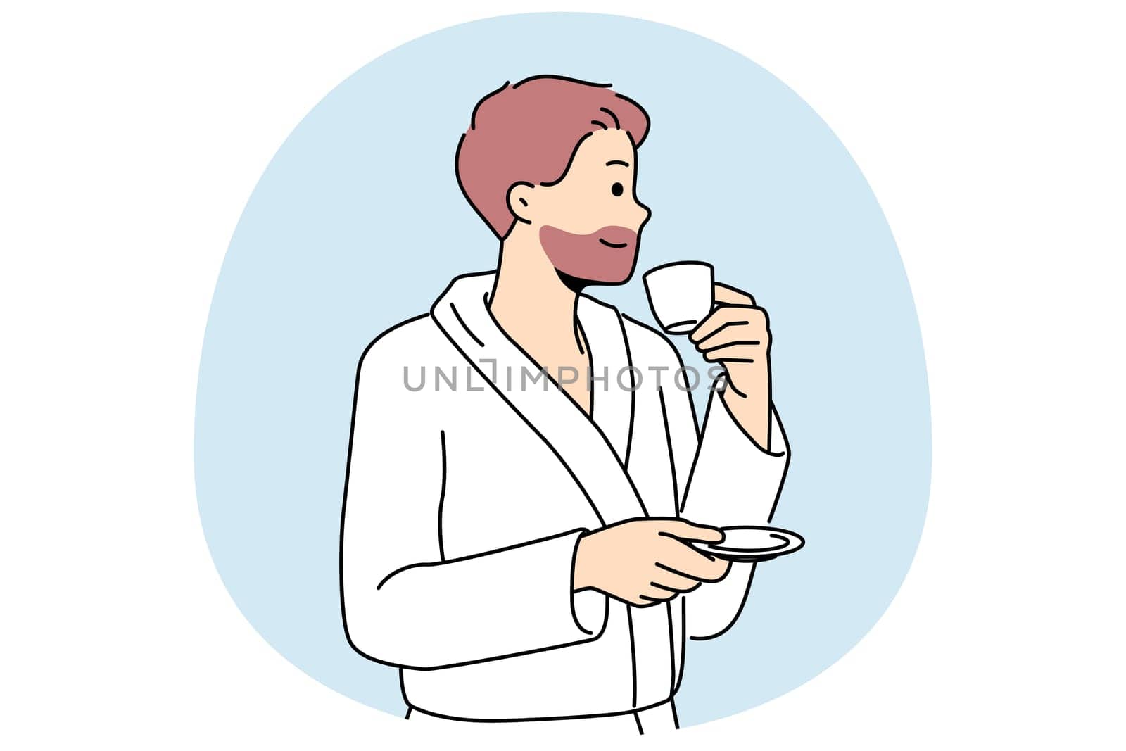 Man in bathrobe drinks coffee enjoying hot tart drink after waking up in morning. Successful young man with tea having rest in hotel or using services of spa center during vacation or weekend