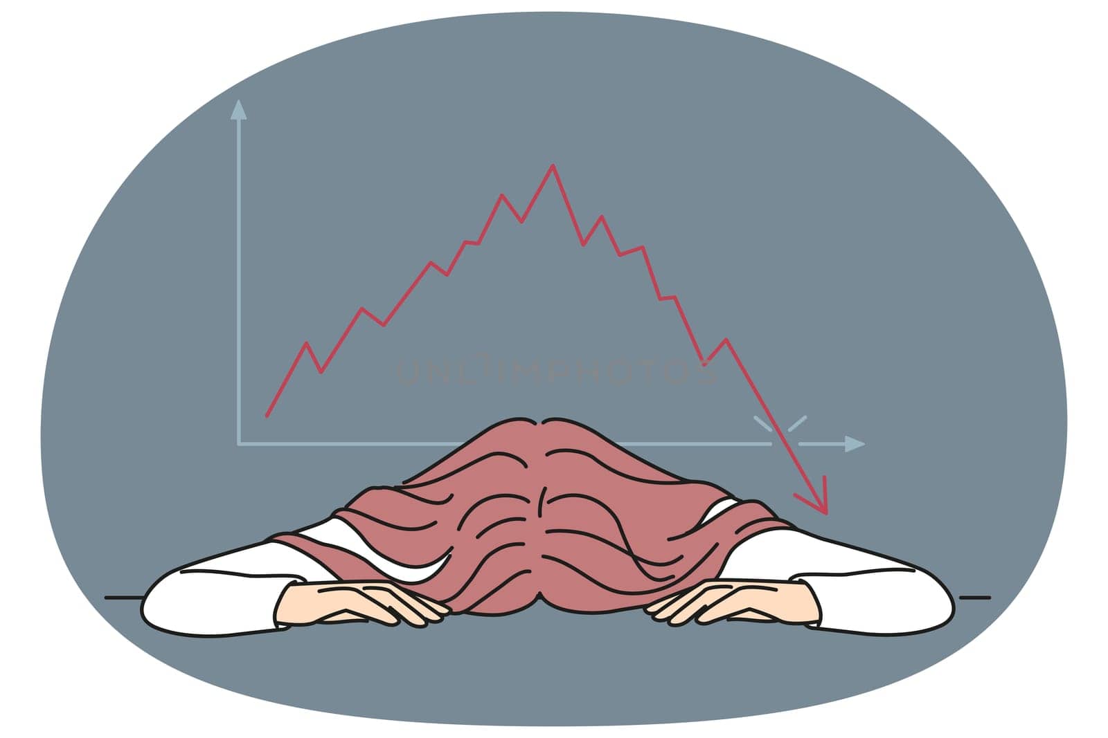 Bankrupt businesswoman put head on table near chart demonstrating crisis fall of stock market. Bankrupt woman investor upset by bad news about stock price decline or fed rate cut for lending