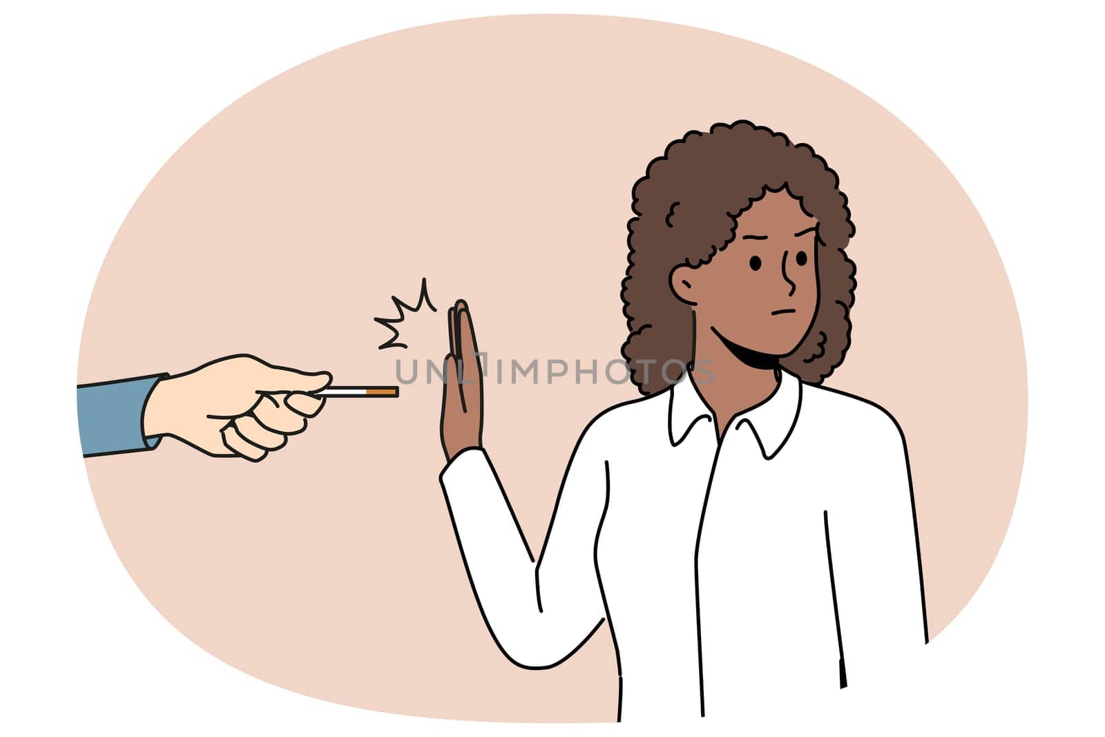 African American woman refusing to smoke making prohibition gesture near hand with cigarette made of tobacco and nicotine. Ethnic girl wants to quit smoke and fight addictive bad habits