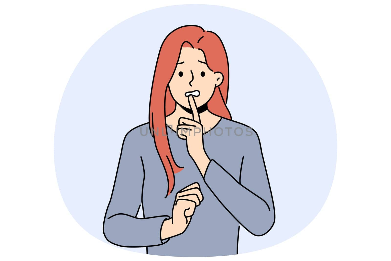 Confused woman touches chin thoughtfully, reflecting on philosophical question or mistake. Confused young girl in casual clothes looks worriedly at screen in need of help or advice
