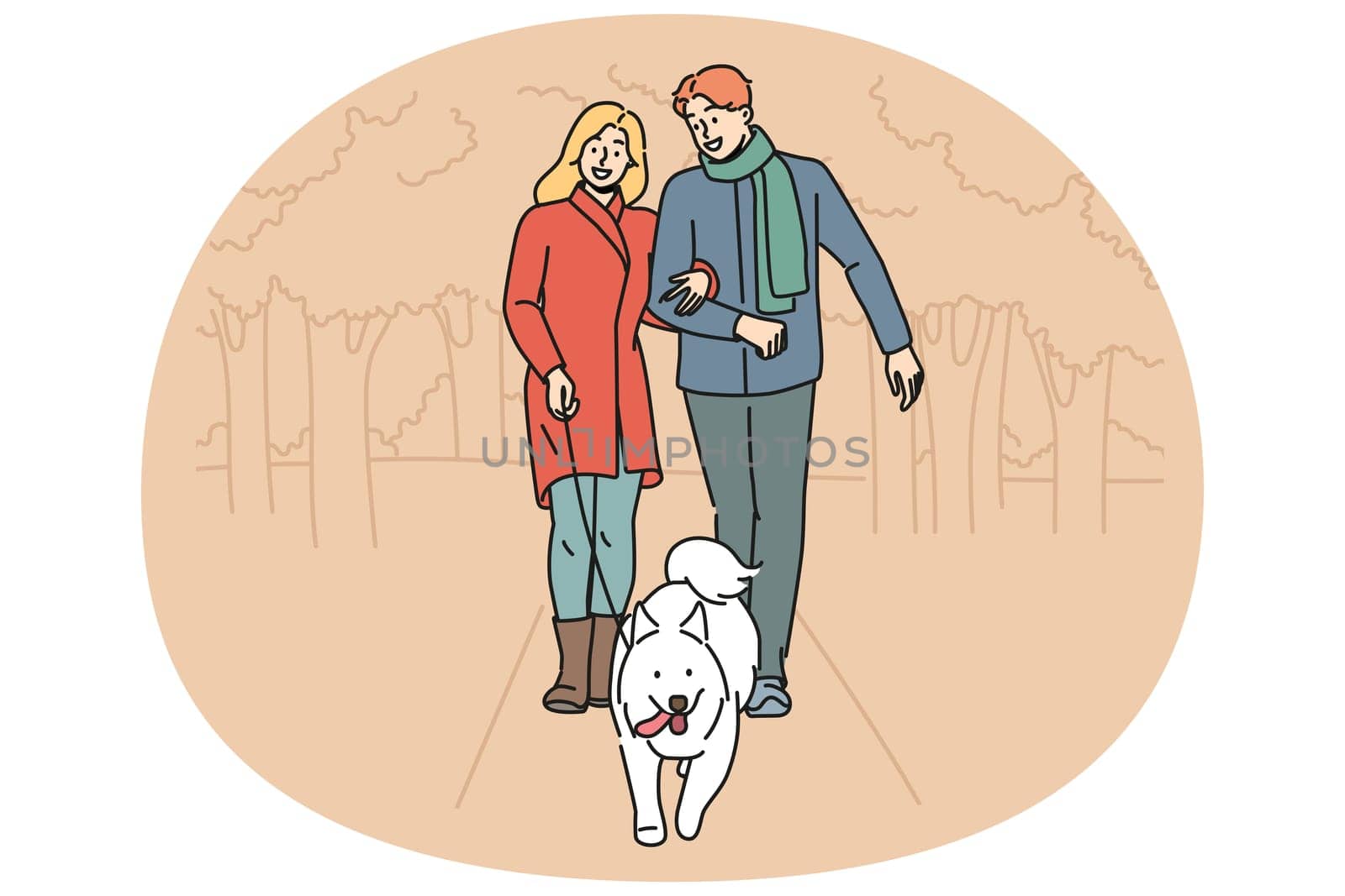 Man and woman are walking their dog together in park enjoying walk on autumn evening with warm weather. Happy couple with white dog on leash take care of pet in need of timely walk outdoors
