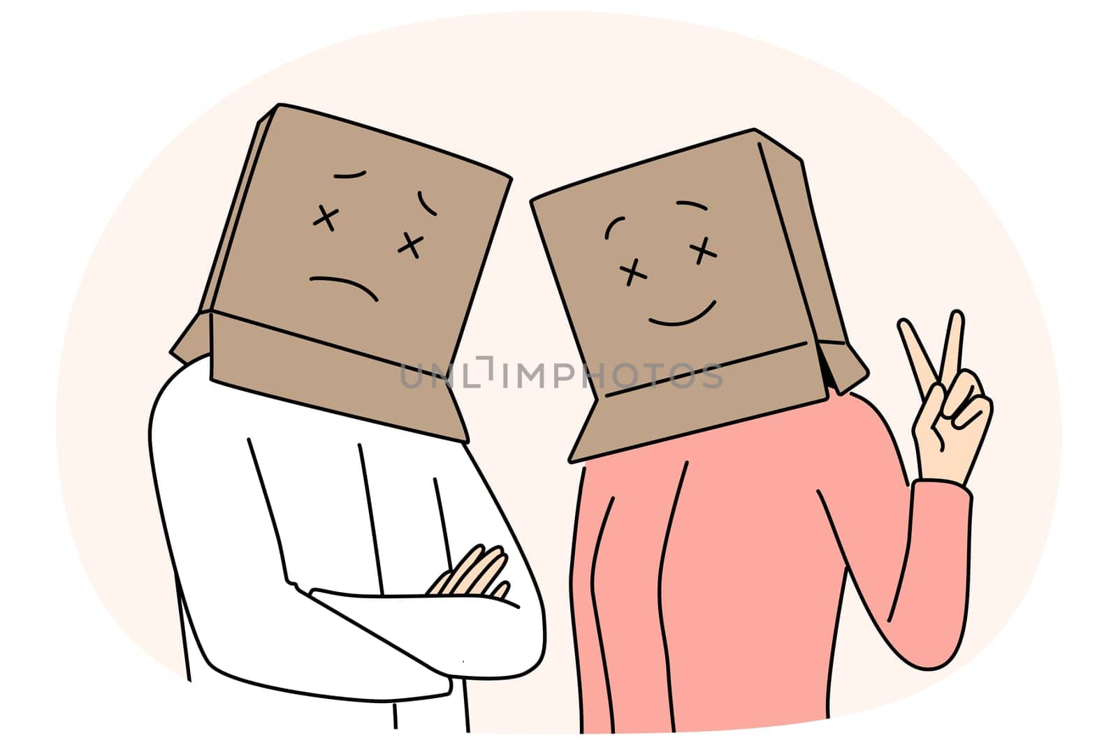 People with cardboard boxes on heads look at screen with sad or cheerful emotions