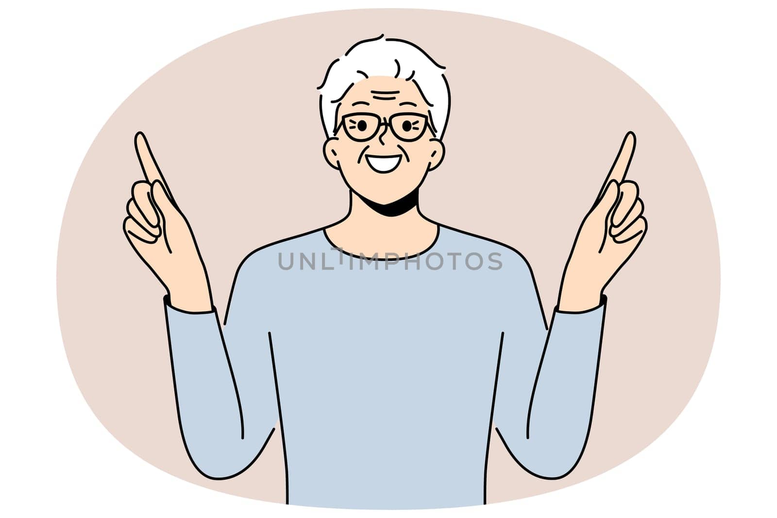 Eldery man came up with idea and points fingers up with smile to draw attention to your ad. Gray-haired pensioner in glasses recommends paying attention to good offer or cool idea.