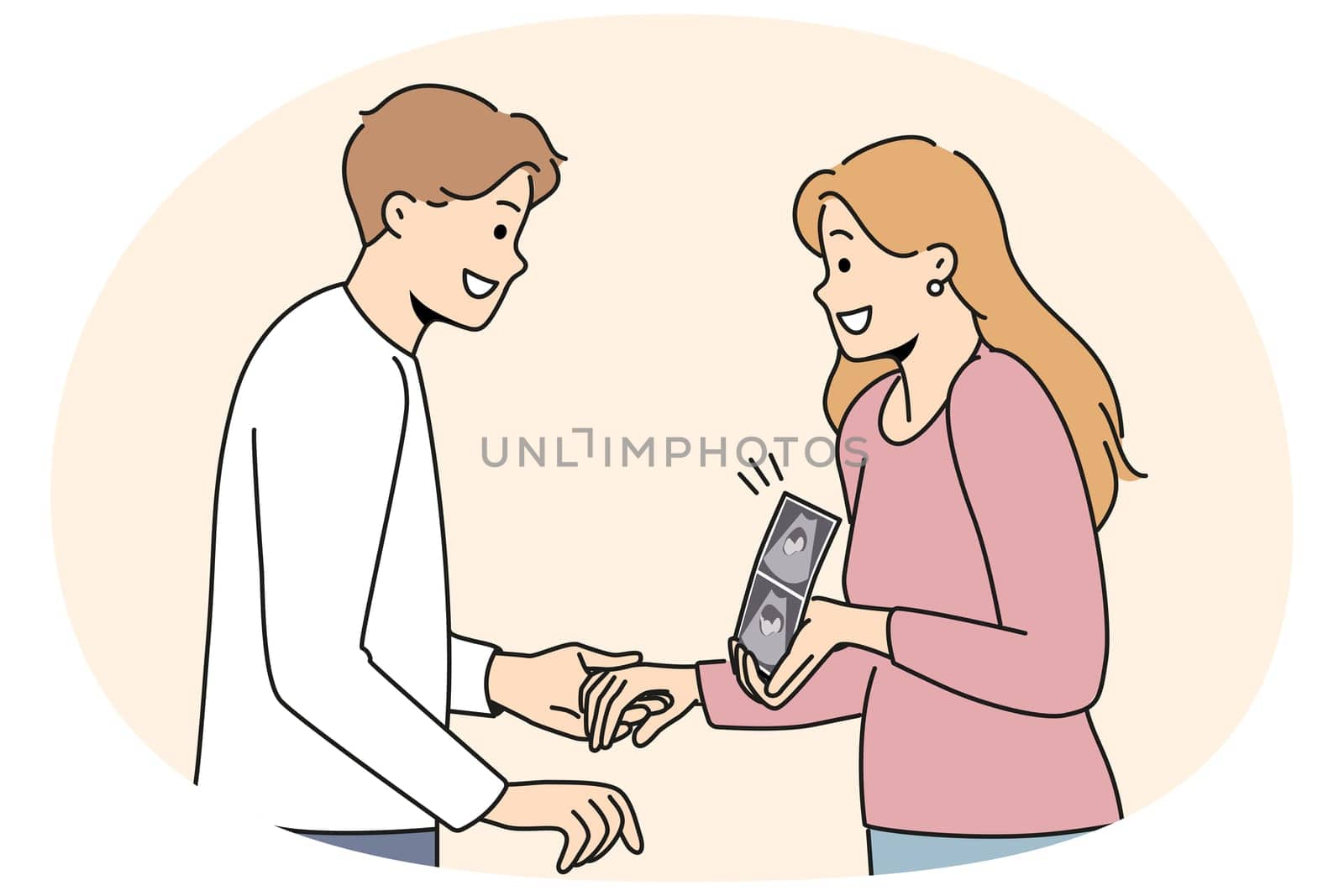 Pregnant woman holding ultrasound picture with baby showing future kiddy to happy father. Positive couple of man and girl getting ready to become parents and holding hands after going to doctor