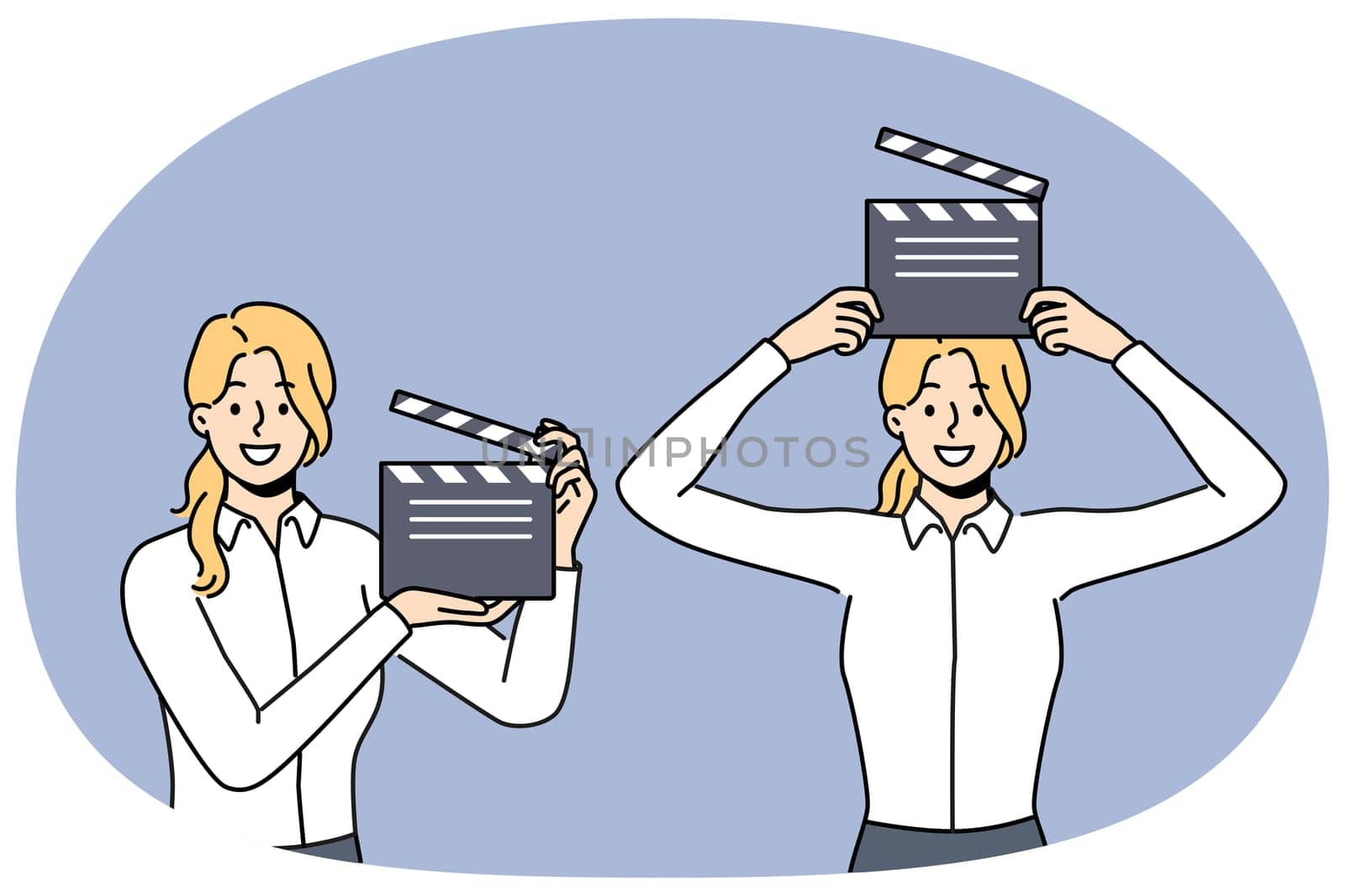 Woman with clapboard for shooting movie works in hollywood film company and dreams of becoming film director. Girl with clapboard to help filming blockbuster demonstrates equipment for recording takes