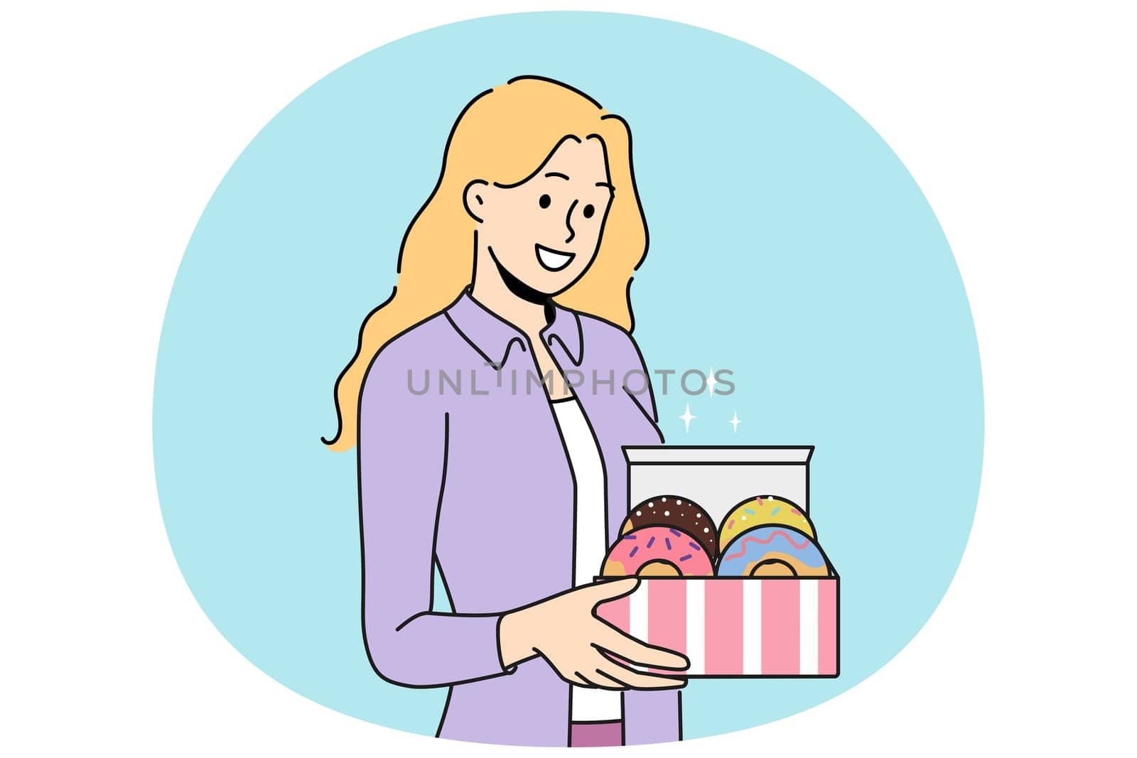 Woman holds donuts in box offering breakfast with sweet pastries with fruit or chocolate icing. Happy girl with donuts for kids party with desserts delivered from patisserie or bought in coffee shop