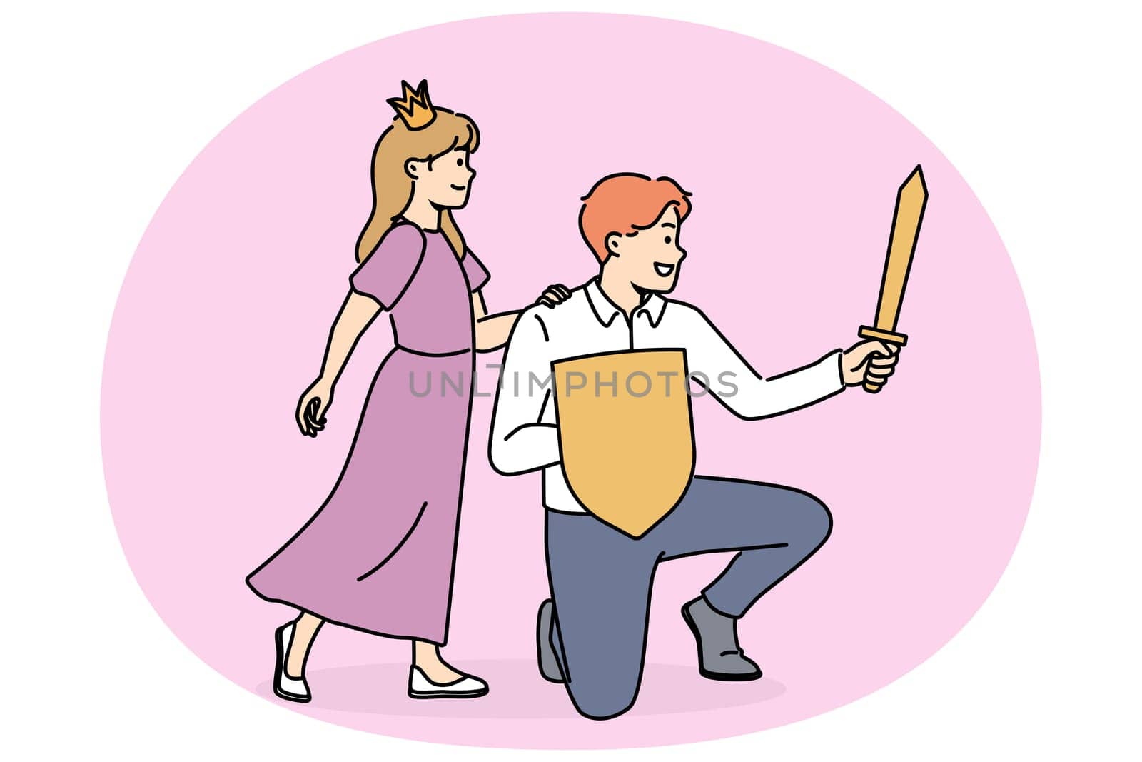 Princess girl near father with knight sword spend time together playing royal family from fairy tales. Hero protect princess from enemies saving little daughter for fatherhood concept