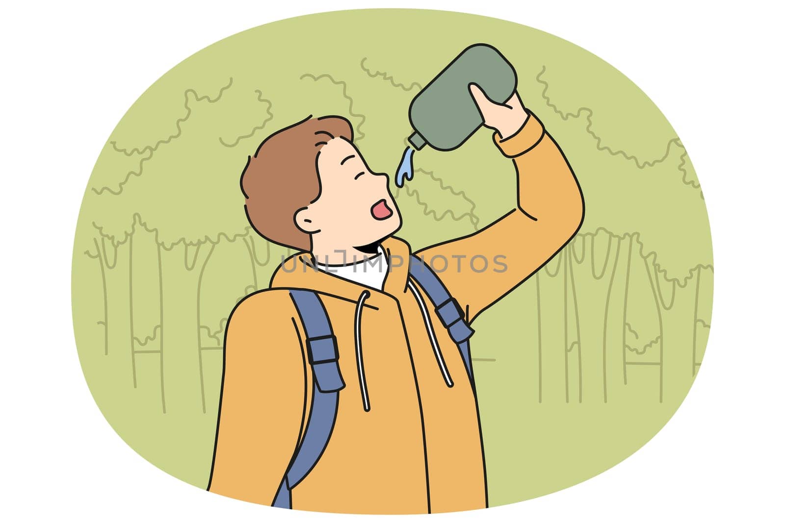 Man drinks water hiking in forest feeling thirsty after long walk through wilderness area with trees. Young guy with flask is fond of hiking and travels in national nature reserve.