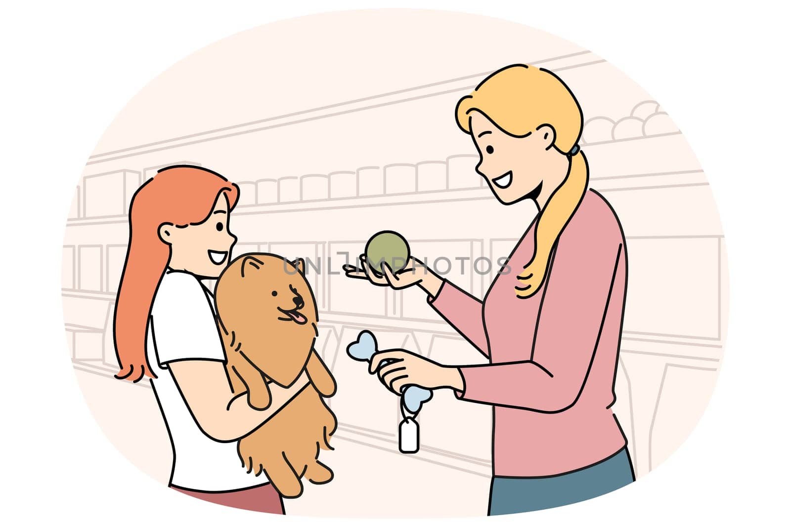 Girl with dog stands in ZOO shop near woman seller offering to buy toy bone for pet. Happy mom and little daughter choose rubber ball for their dog together after adopting puppy from shelter