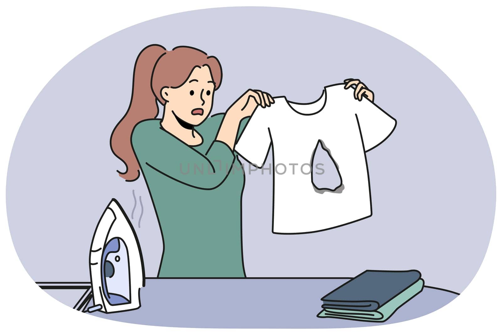 Clumsy housewife ironing clothes burnt hole in t-shirt and dont know how to fix mistake. Woman stands near ironing board with clothes and iron and looks at damaged item in confusion.