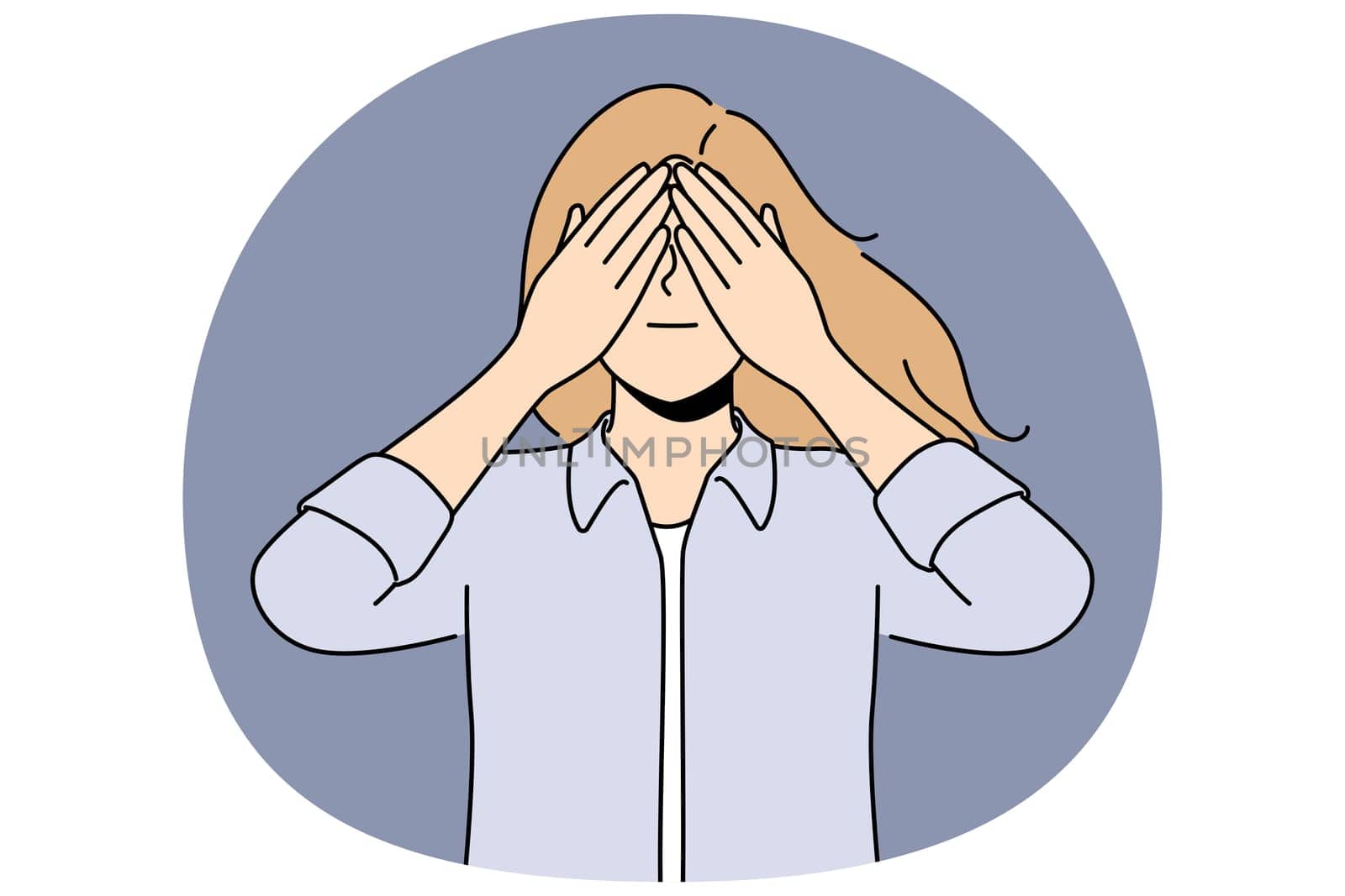 Woman closes eyes in anticipation of surprise or playing with small child. Young girl closes eyes and acts up not wanting to see unpleasant things or trying to hide in order to avoid stress.