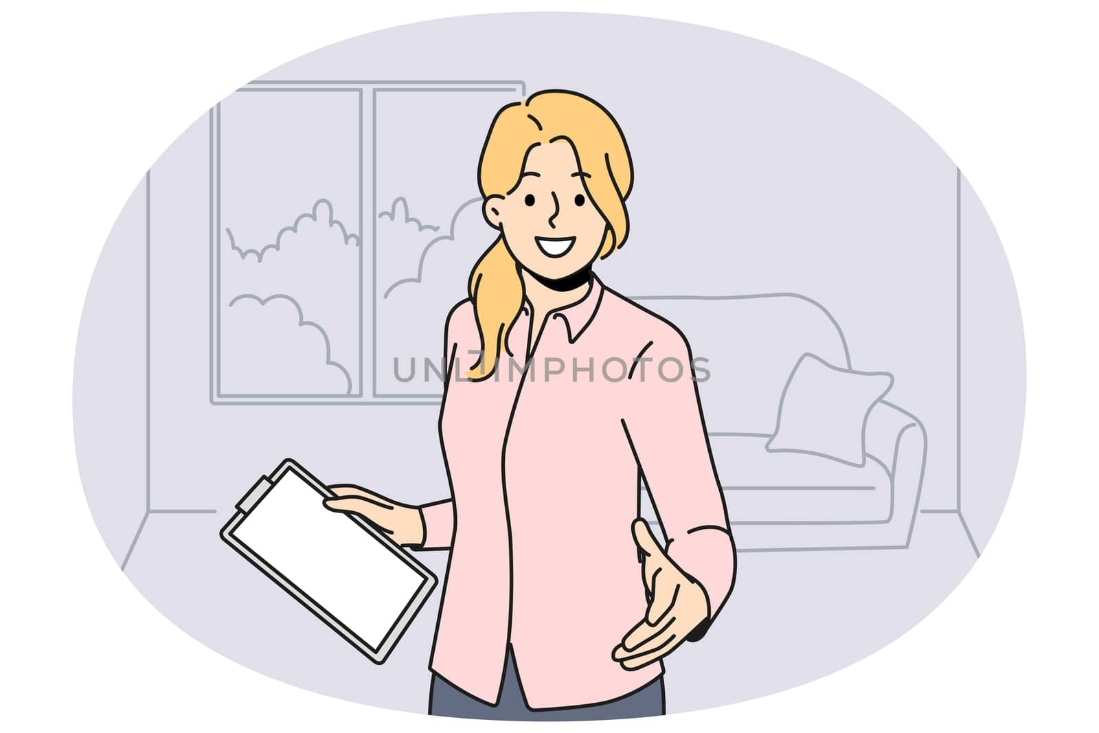Woman realtor greets you by shaking hands and showing client apartment for mortgage loan. Girl realtor or real estate agent with clipboard friendly invites those who want to rent house in good area
