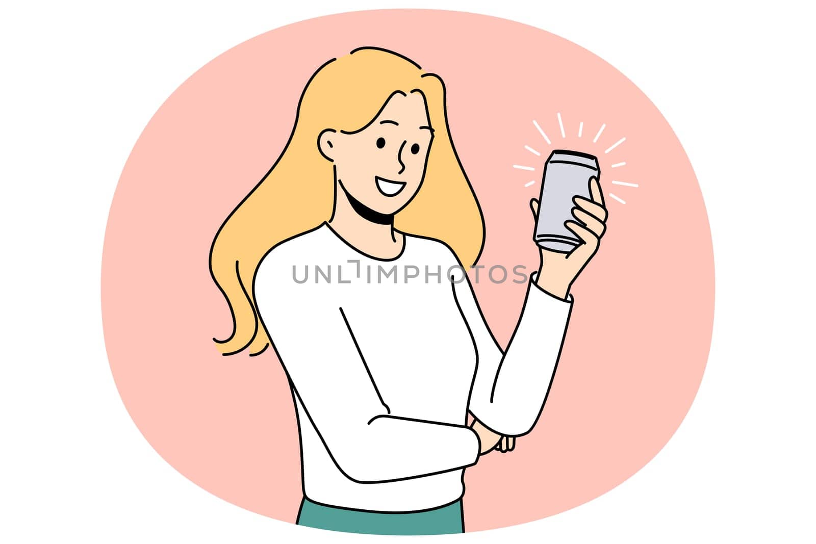Woman with soda in aluminum can wants to get intimate with cold lemonade or beer drink. Young happy girl with metal can filled with delicious soda smiles offering to quench thirst.