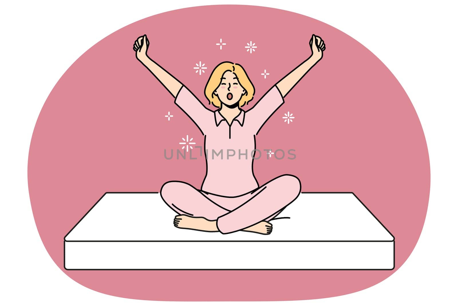 Woman sits on soft mattress and yawns getting ready for healthy sleep furniture concept. Girl in pajamas wakes up with good mood using orthopedic mattress for comfortable night rest