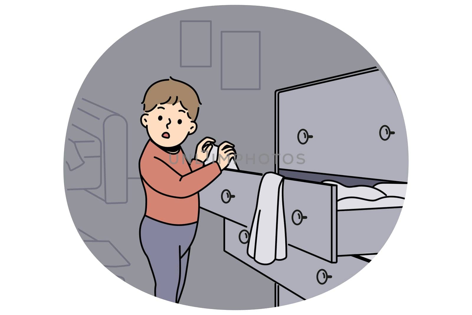 Little boy is standing near closet with clothes, looking at textiles with curiosity and studying world around. Childish pranks of funny boy throwing clothes from drawer making mess while playing