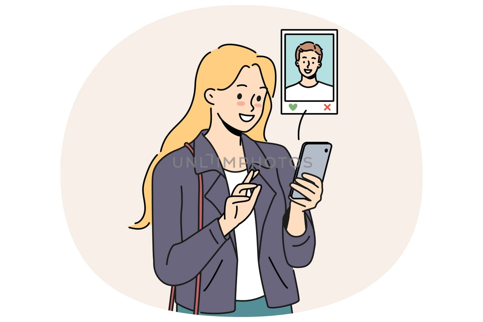 Woman uses dating app on mobile phone, choosing guy likes by photo and browsing profile. Girl with smartphone visits websites for online dating and agrees on date or going to cinema