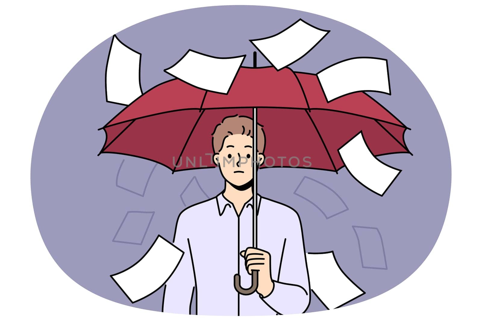 Businessman suffering from bureaucracy standing with umbrella among falling documents symbolizing overabundance of paperwork. Business concept of inefficiency in corporation due to bureaucracy