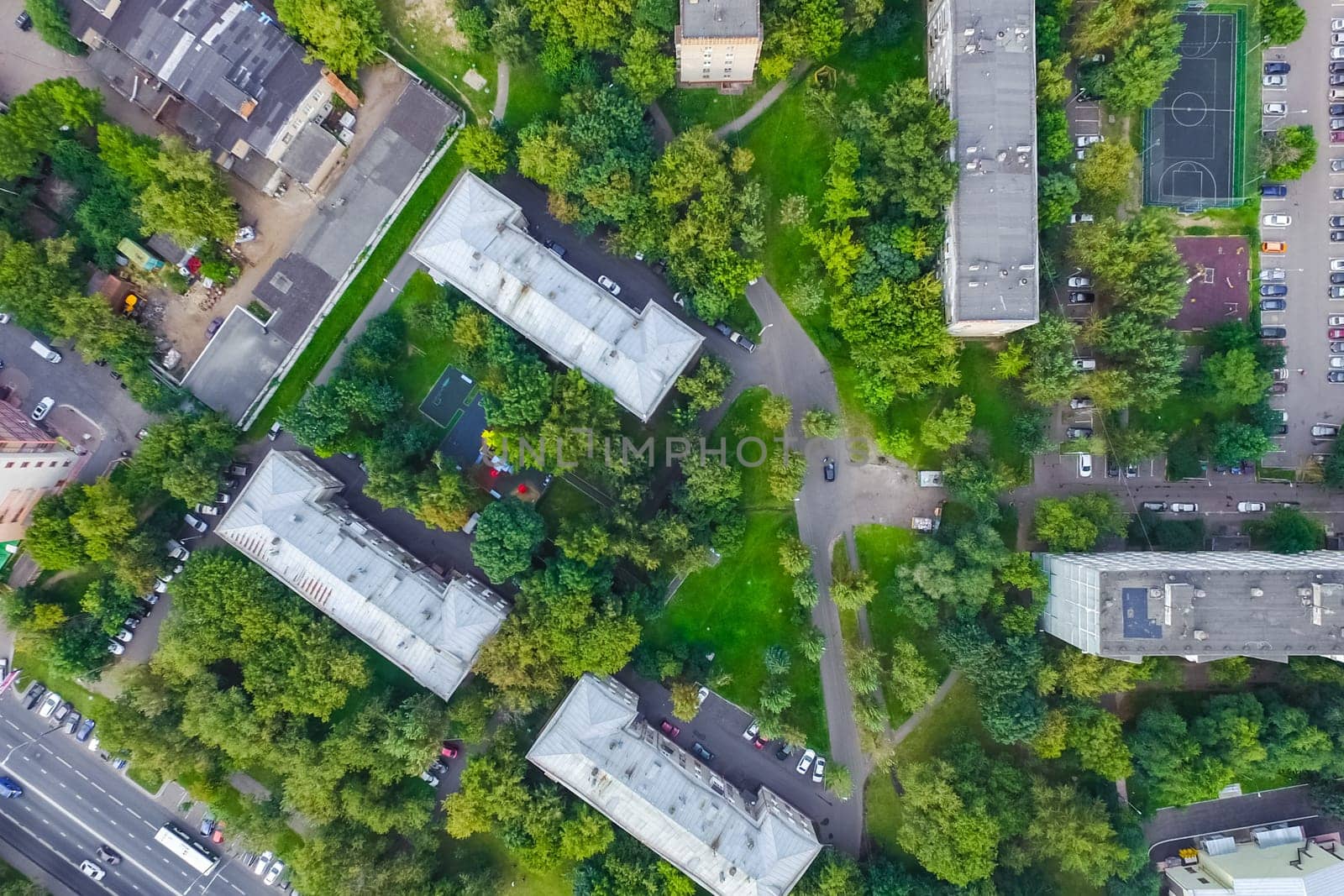 Top view of the city of Moscow, buildings and roads and other infrastructure of the city. Cityscape view from above.