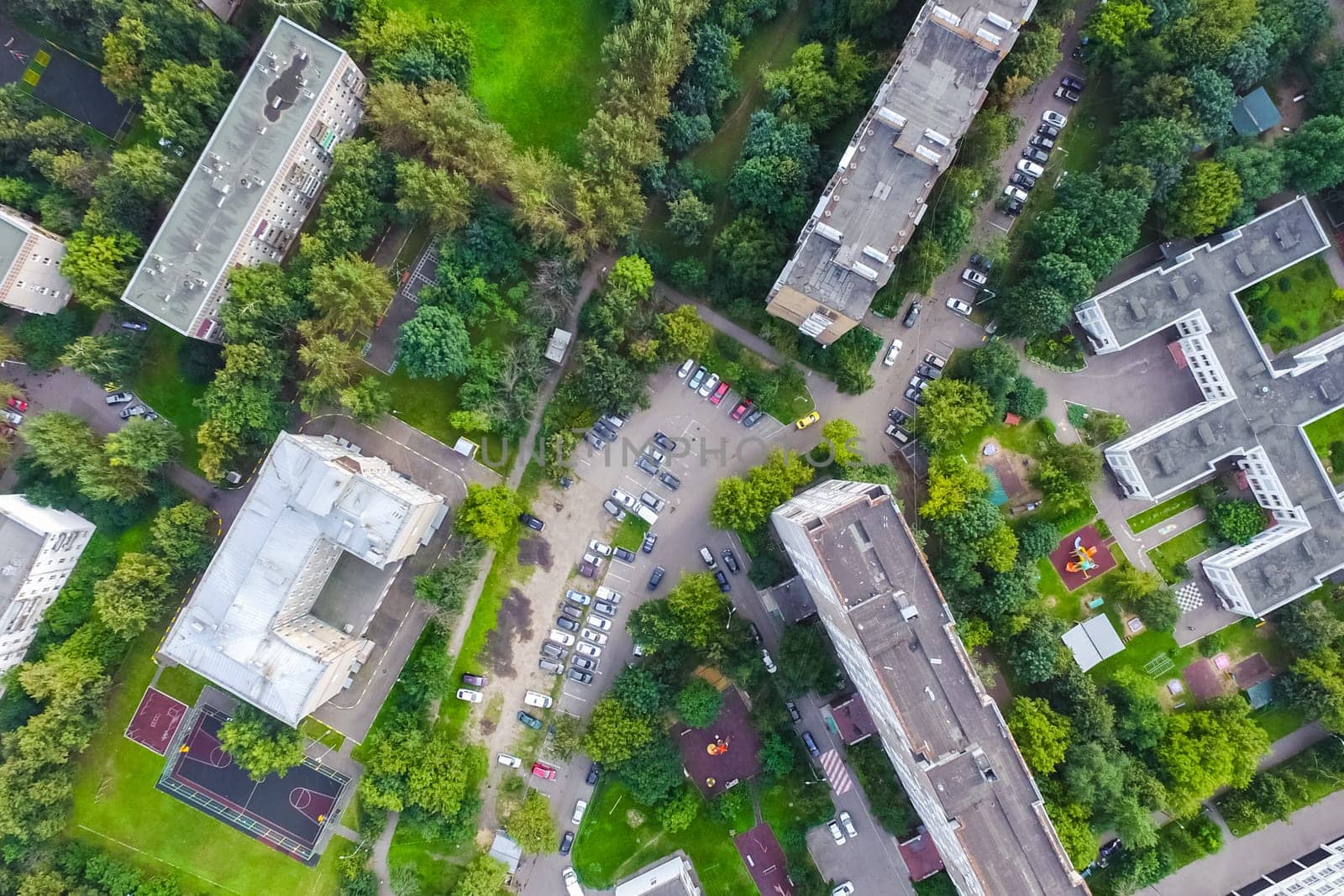 Top view of the city of Moscow, buildings and roads and other infrastructure of the city. Cityscape view from above.