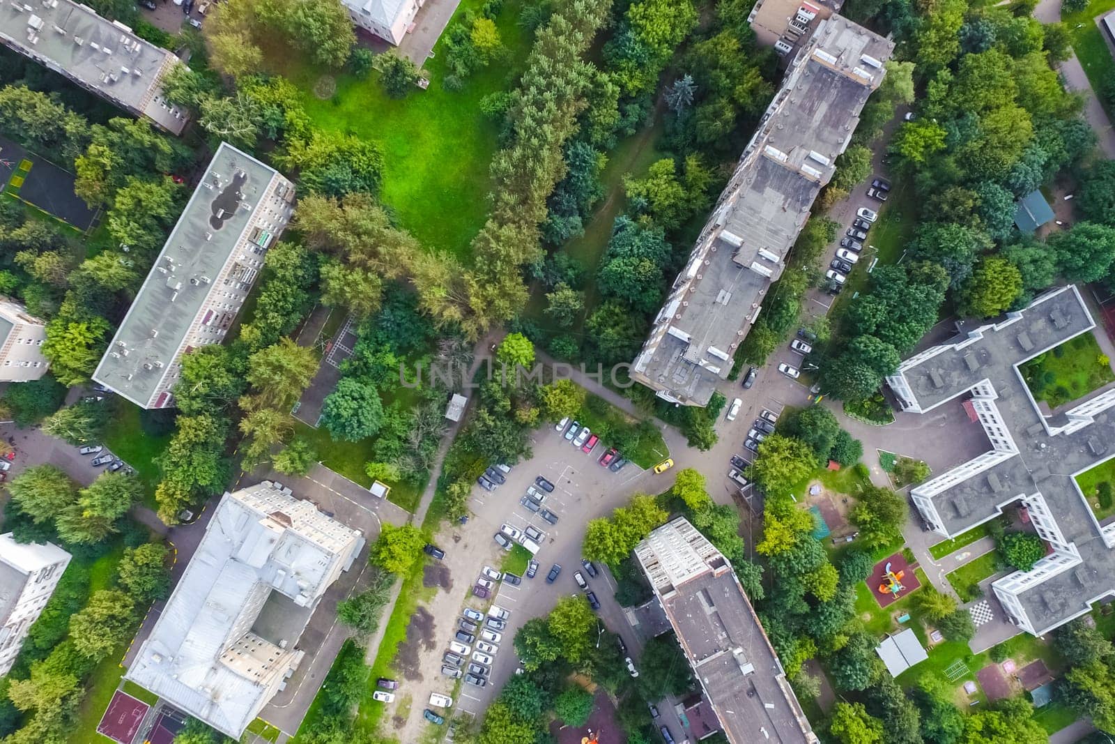 Top view of the city of Moscow, buildings and roads and other infrastructure of the city. Cityscape view from above.