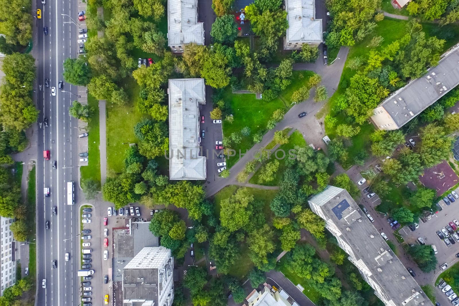 Top view of the city of Moscow, buildings and roads and other infrastructure of the city. Cityscape view from above.